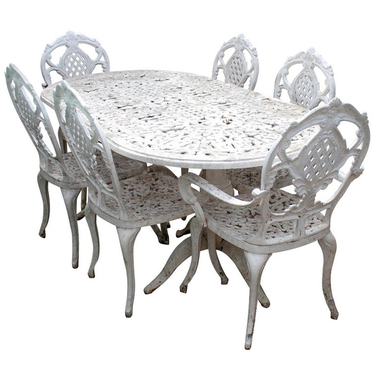 1980 Spanish Set of Cast Aluminium Table and Six Chairs For Sale at