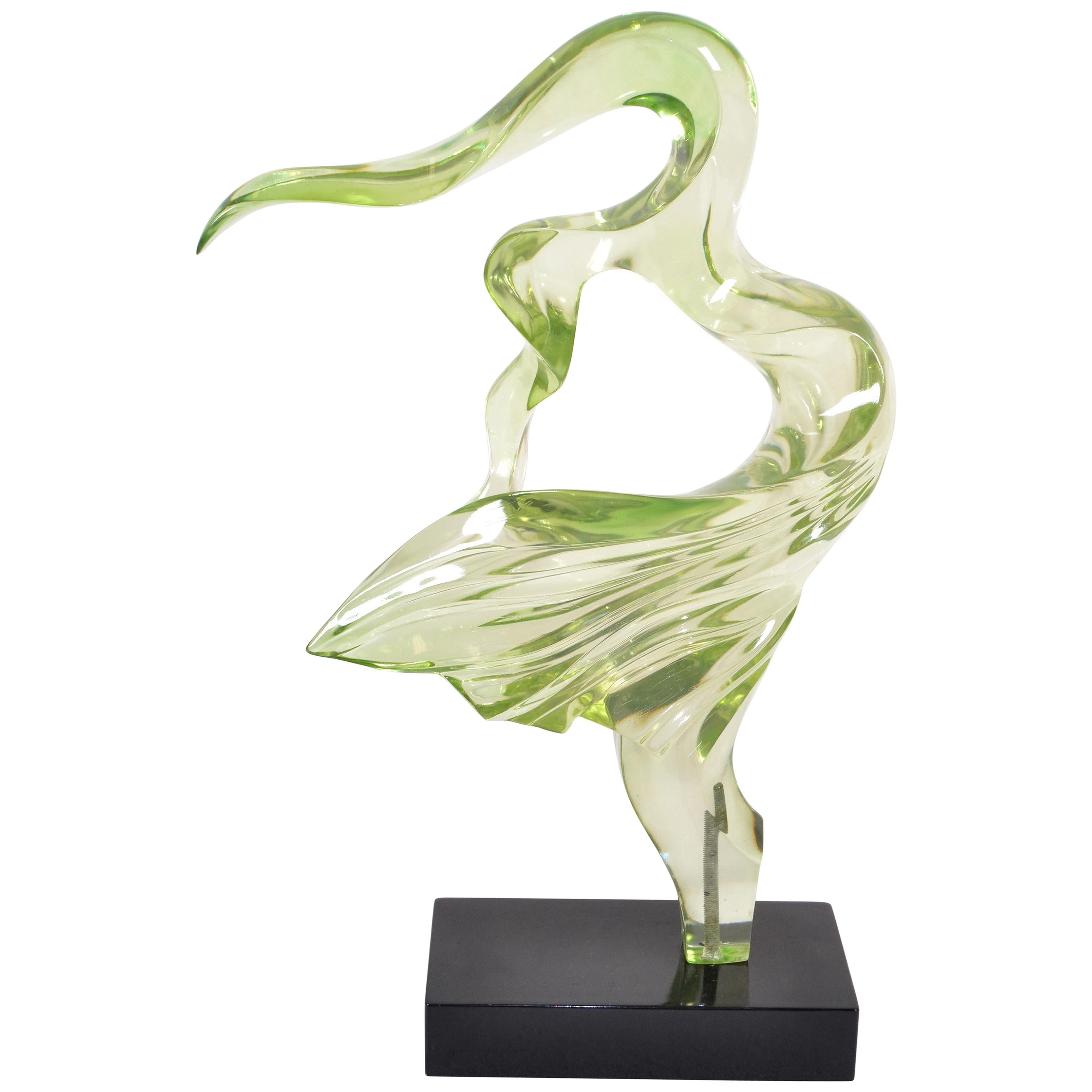 1980 Tall Neon Green Mid-Century Modern Abstract Lucite Sculpture on Black Base For Sale