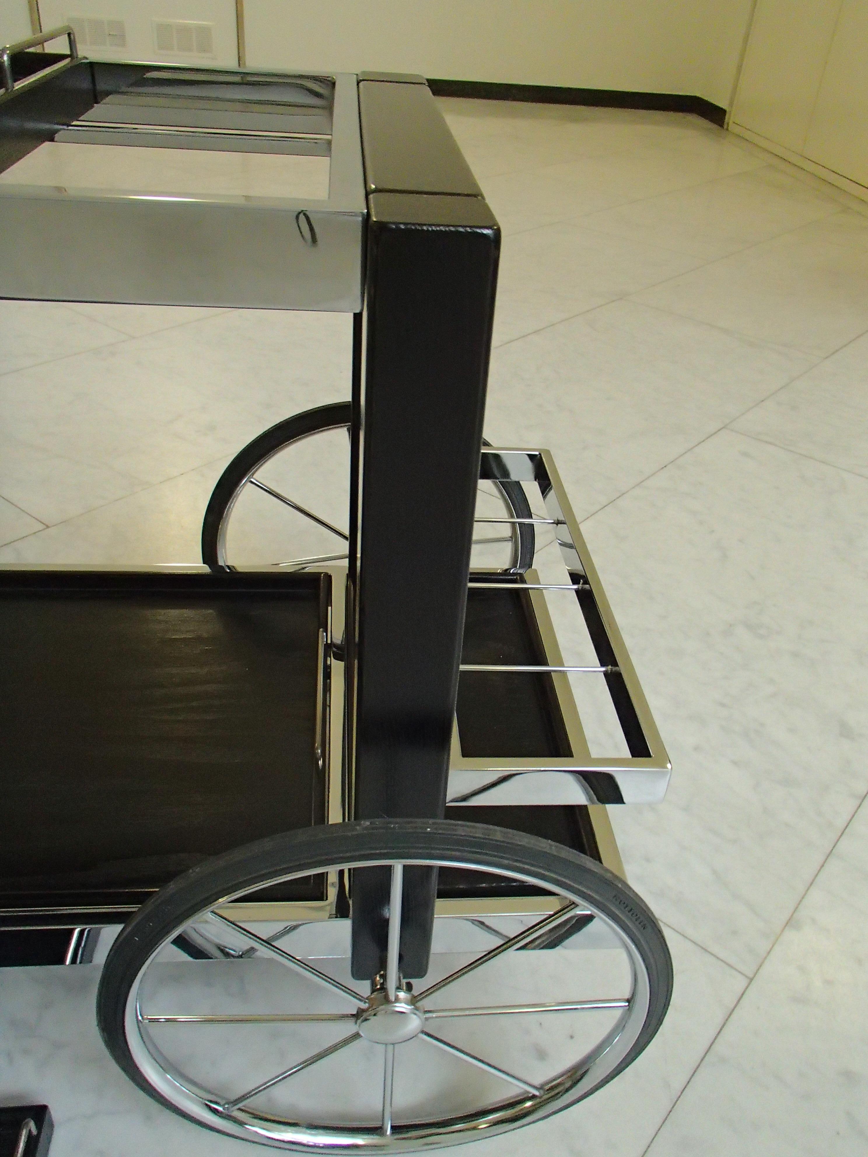 1980 This Modern Chrome and Black Oak Large Trolley Bar Cart For Sale 2