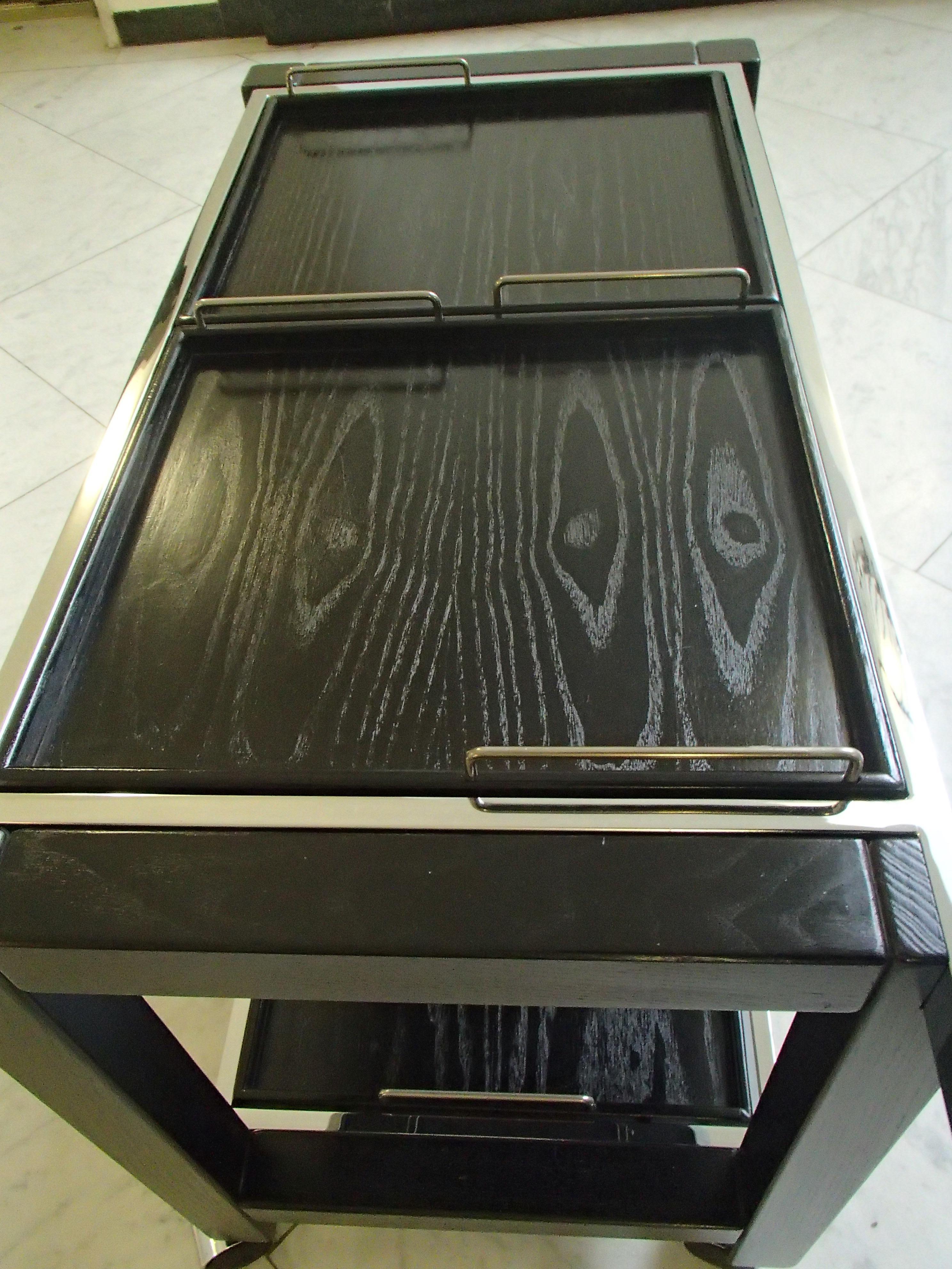 1980 This Modern Chrome and Black Oak Large Trolley Bar Cart For Sale 3