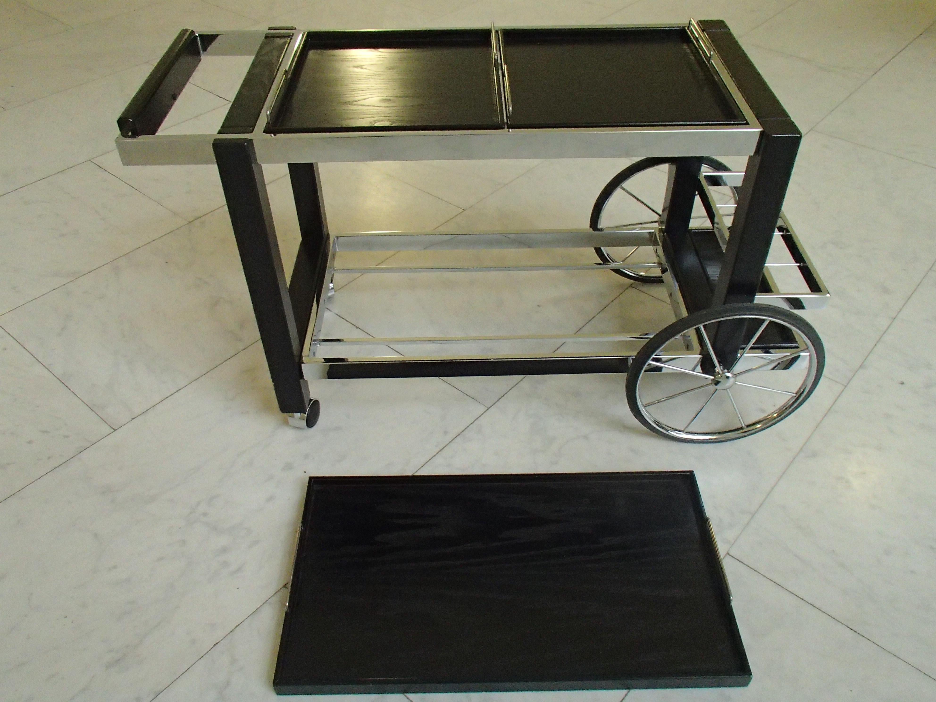 1980 This Modern Chrome and Black Oak Large Trolley Bar Cart For Sale 4