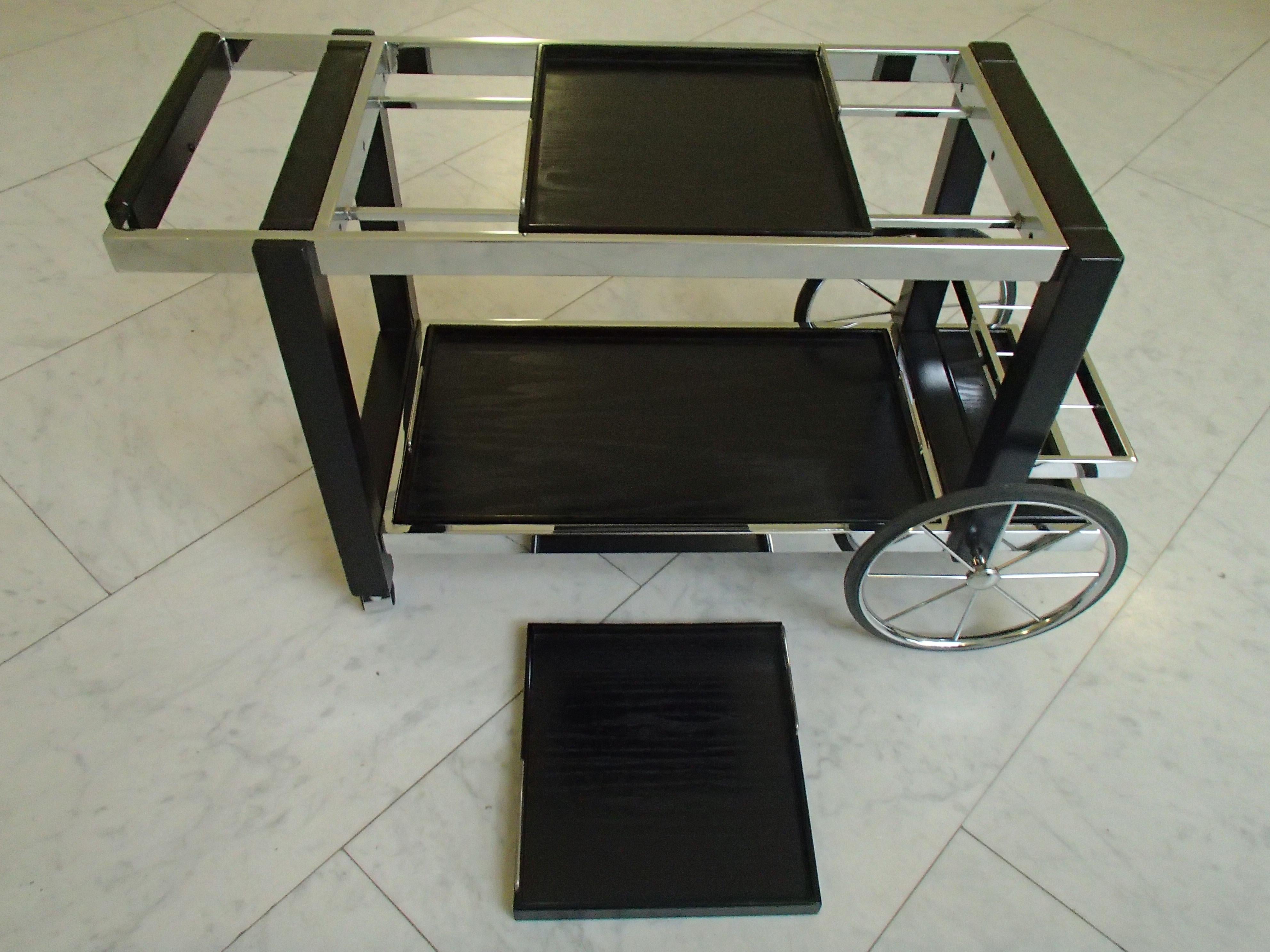 1980 This Modern Chrome and Black Oak Large Trolley Bar Cart For Sale 1