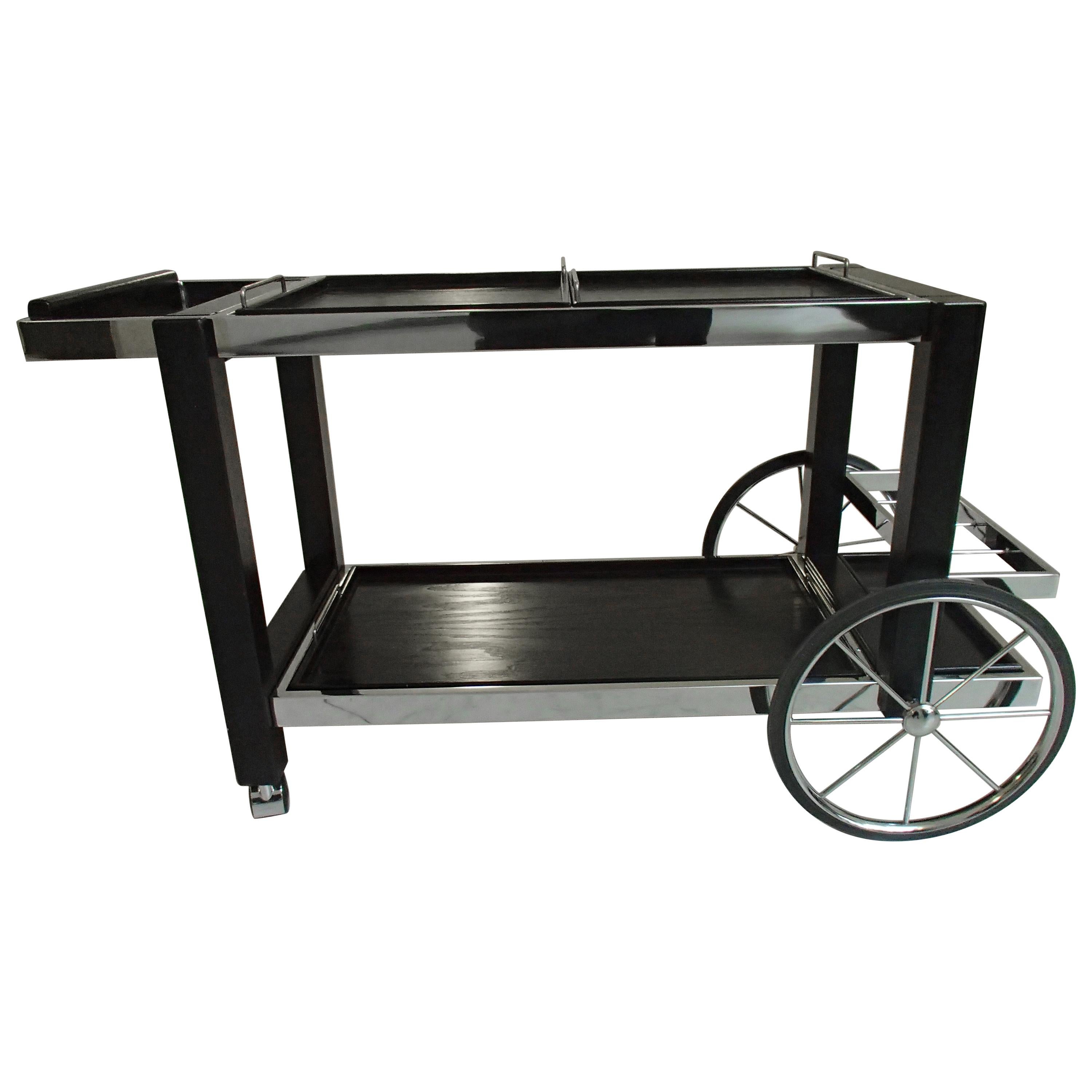 1980 This Modern Chrome and Black Oak Large Trolley Bar Cart For Sale