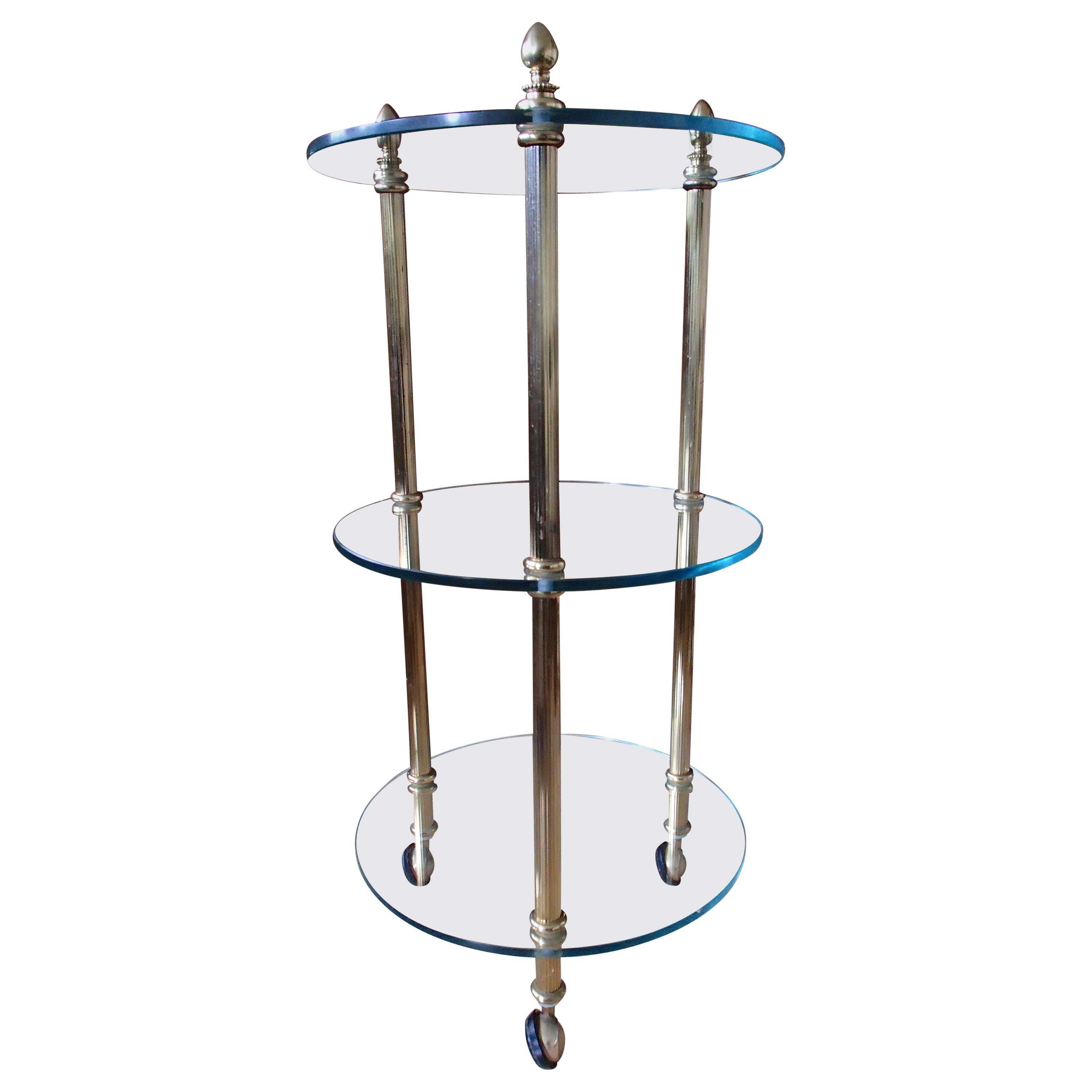 1980 This Small Round 3 Top Trolley Brass and Glass For Sale