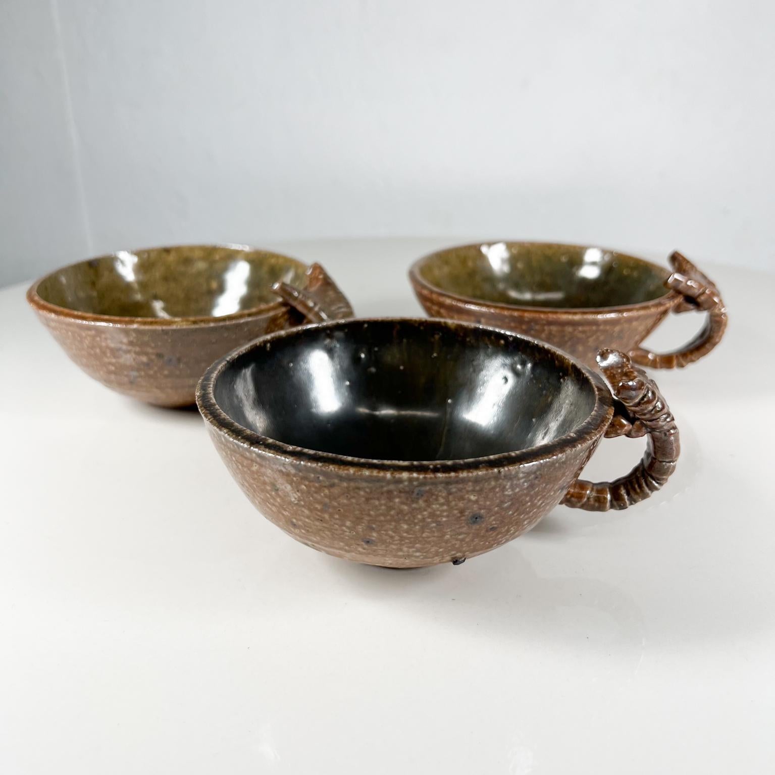 Modern 1980 Three Brown Coffee Cups Art Pottery Sculptural Handle Signed Melching For Sale