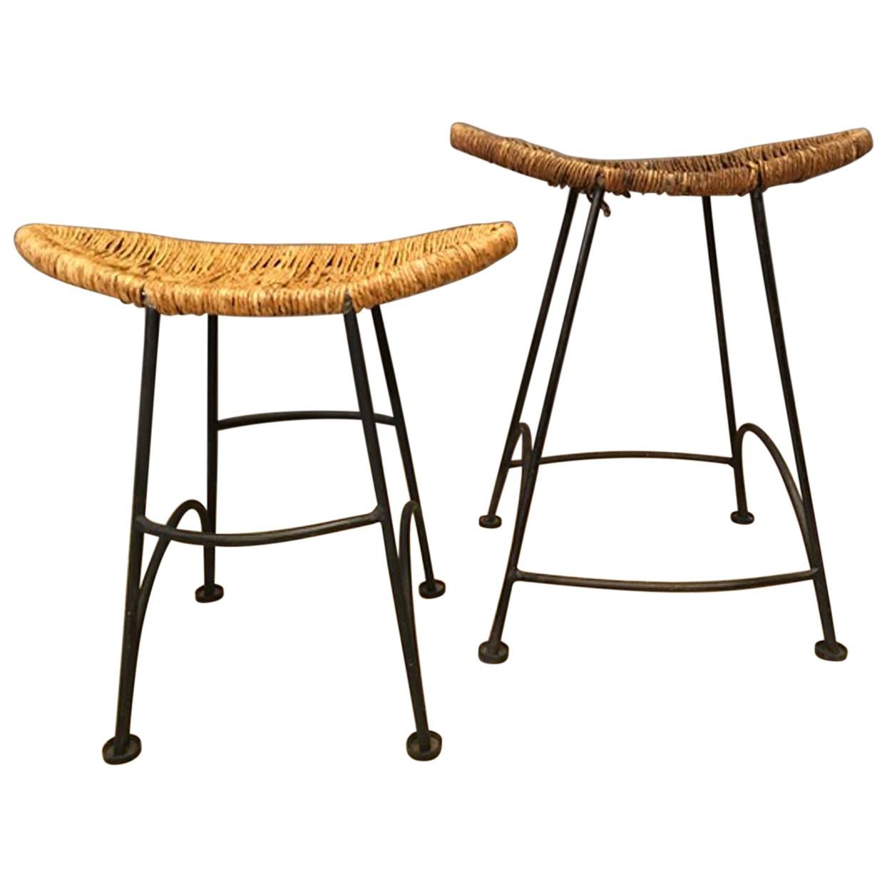 1980 Tom Dixon Pair of Burnished Iron and Raffia Stools