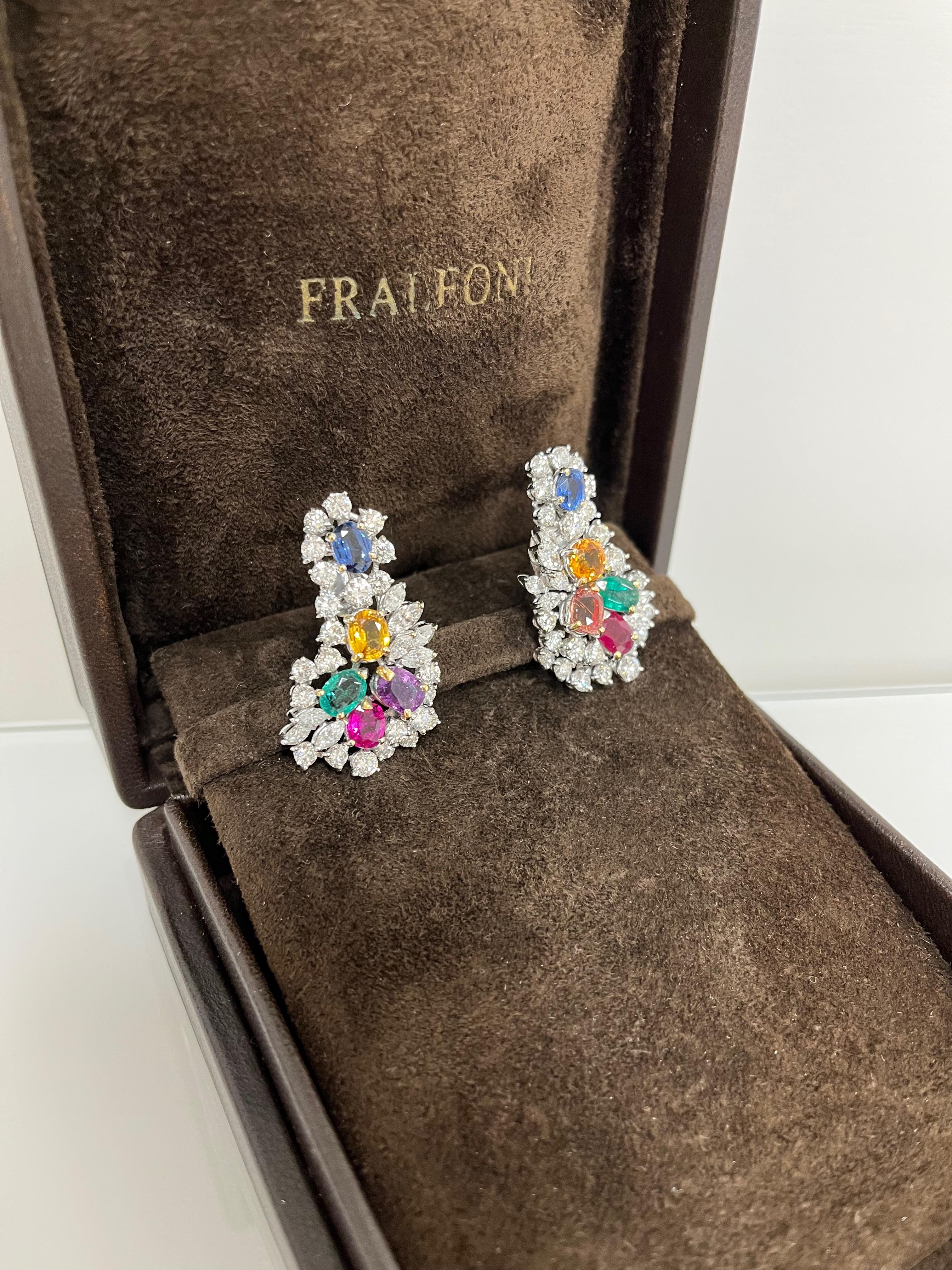Modern 1980 Tutti Frutti 18kt White Gold Diamonds Emeralds Rubies Sapphires Earrings For Sale