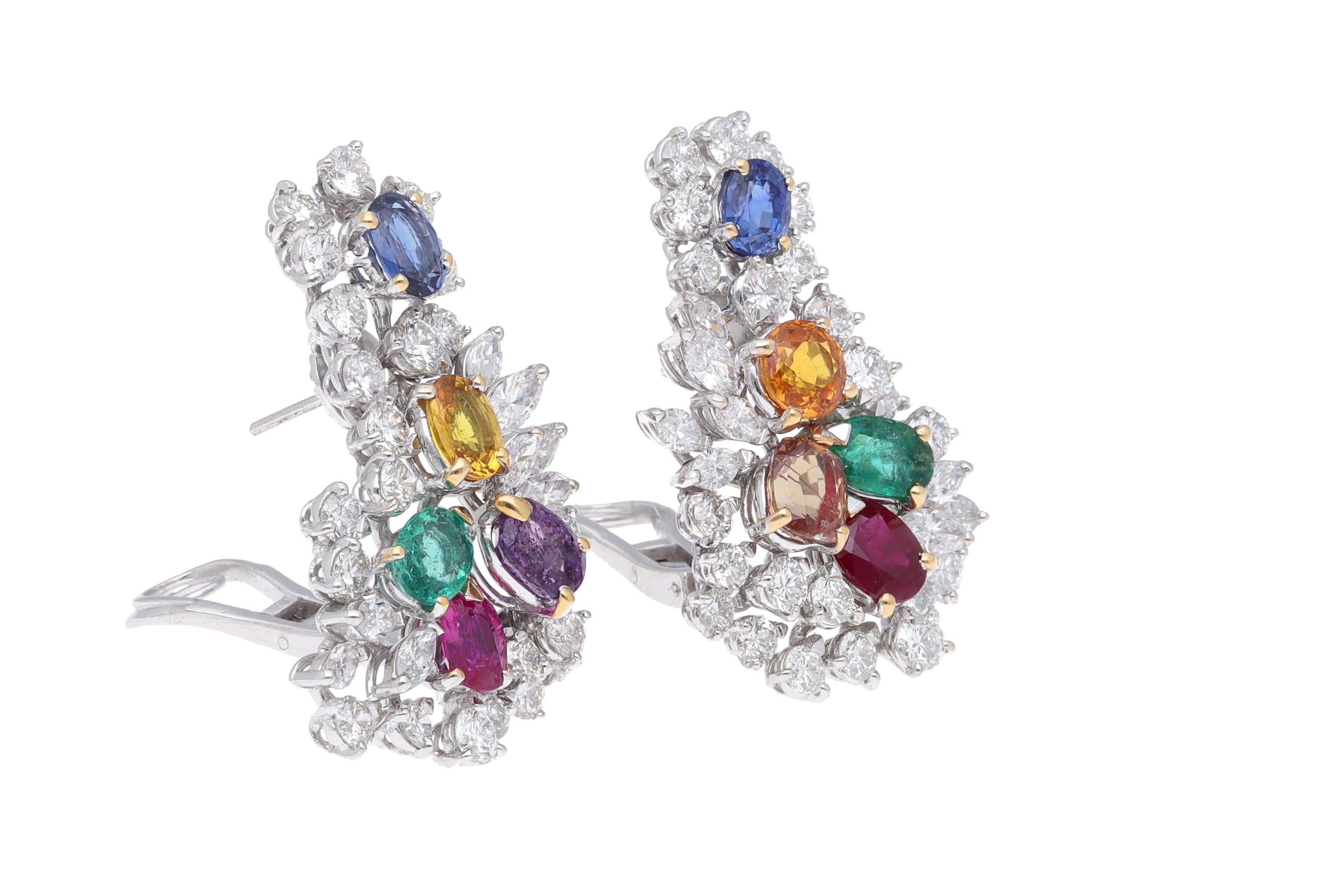 Women's 1980 Tutti Frutti 18kt White Gold Diamonds Emeralds Rubies Sapphires Earrings For Sale