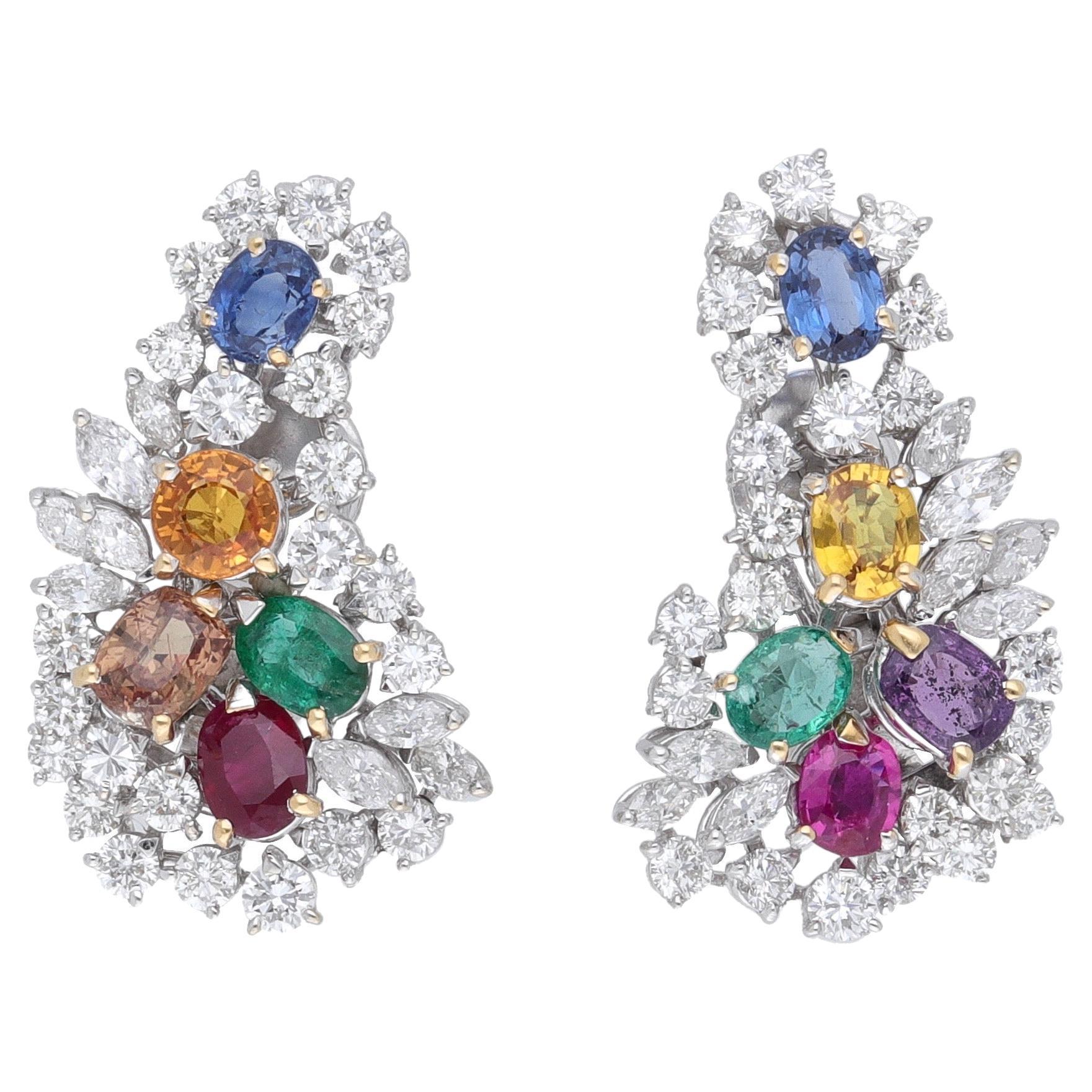 1980 Tutti Frutti 18kt White Gold Diamonds Emeralds Rubies Sapphires Earrings