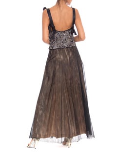 1980 VALENTINO Black Silk Tulle Couture Quality Gown With Lace And Crystal Bodi