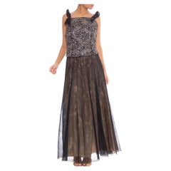 1980 VALENTINO Black Silk Tulle Couture Quality Gown With Lace And Crystal Bodi