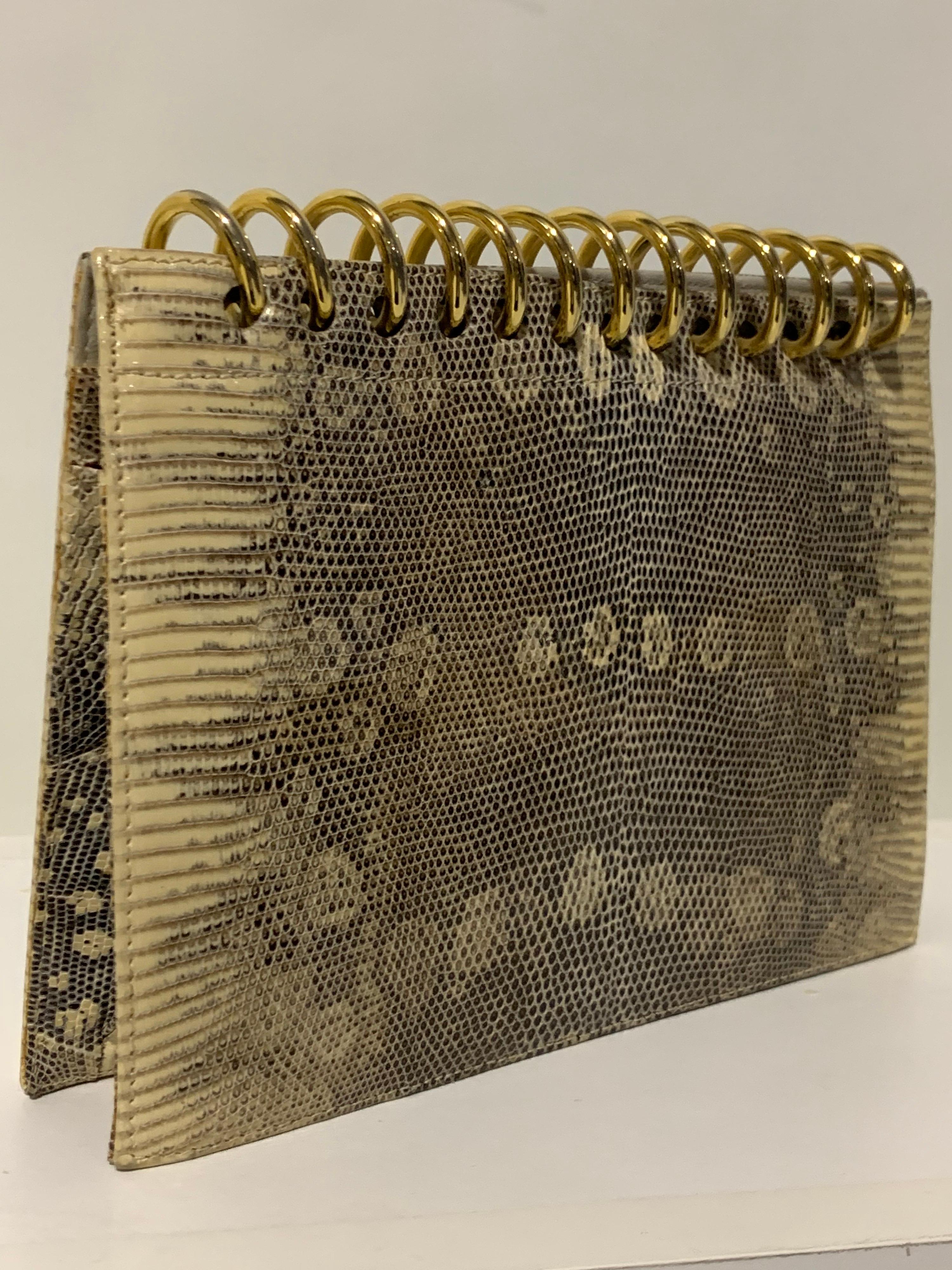 Brown 1980 Valentino Exotic Lizard Clutch W/ Gold Spiral Hardware Made In Italy  For Sale