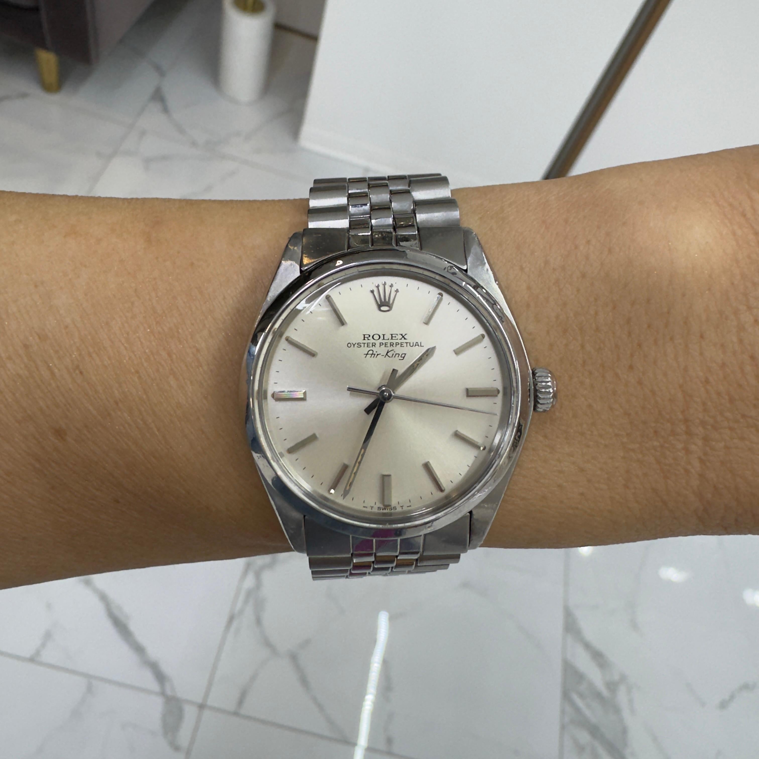 1980 Vintage Rolex Airking 34MM 5500 Silber Zifferblatt Jubiläums-Uhr aus Edelstahl, Vintage 4