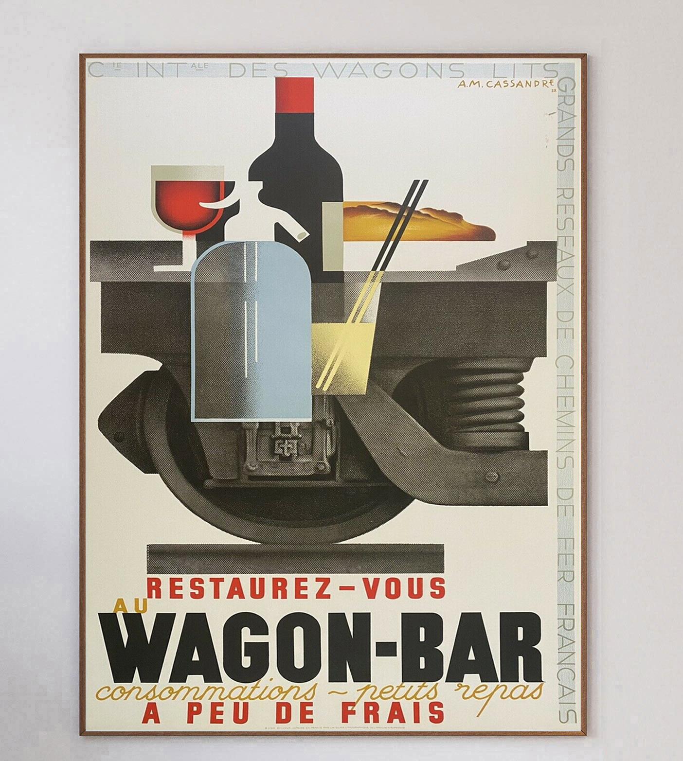 Beautiful art deco and modernist design by the iconic poster designer A.M. Cassandre for the Nord Express railway line. Originally created in 1932 to promote the railway restaurant cart, the beautiful poster is a beautiful example of one of the most