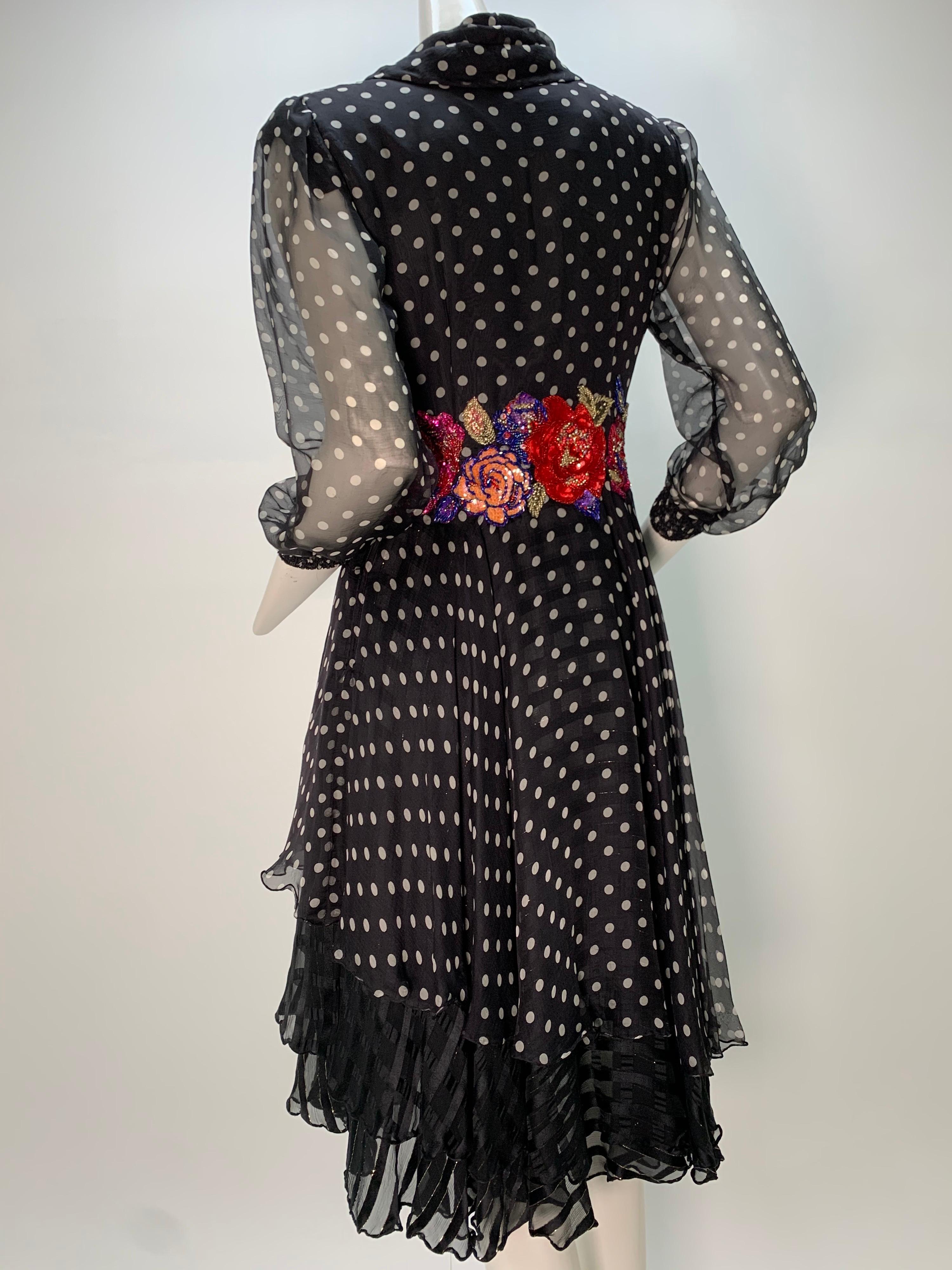 1980 Whimsical Silk Chiffon Polka Dot Dress W/ Colorful Beaded & Sequin Florals  5
