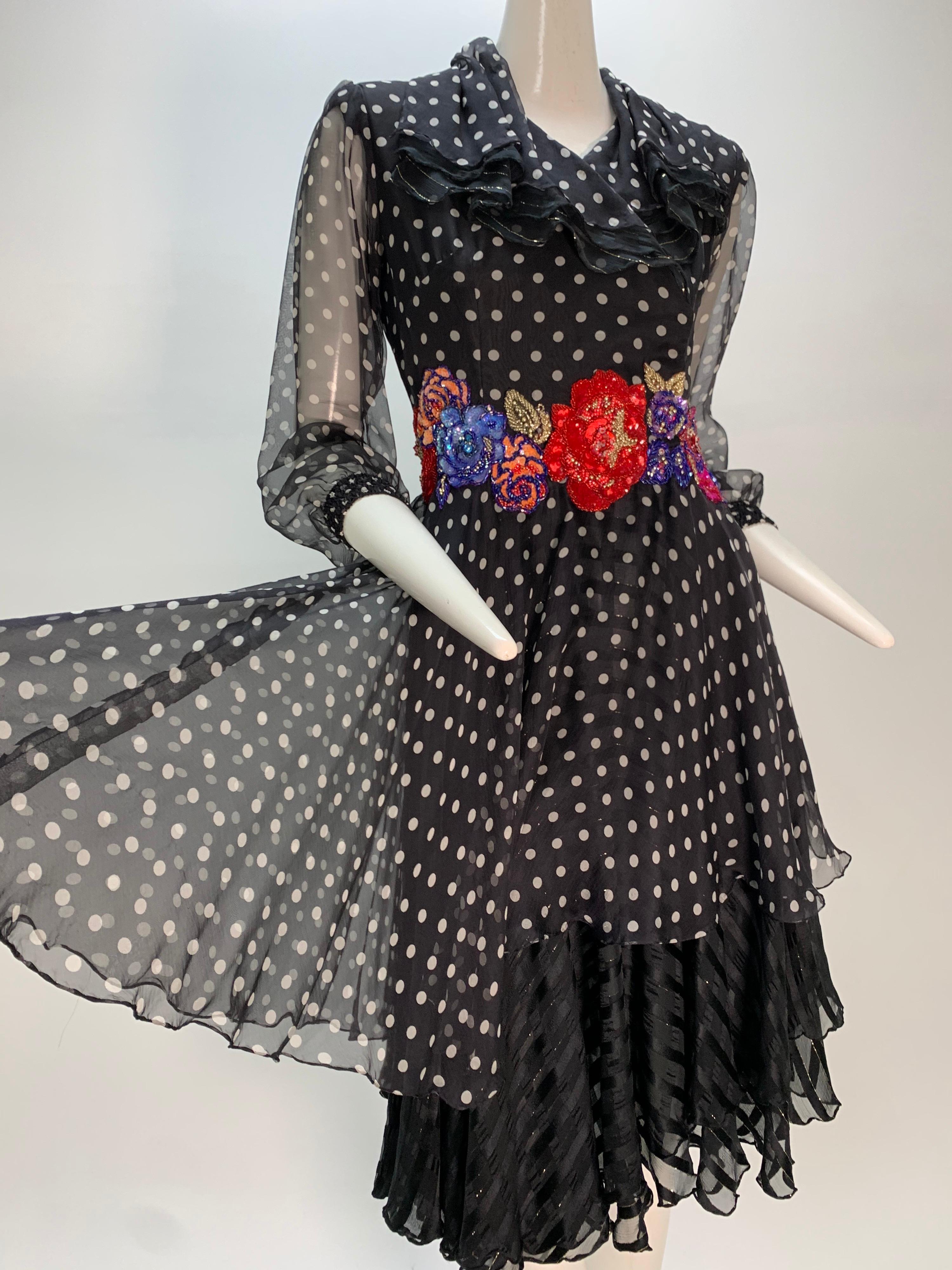 A whimsical 1980s polka dot silk chiffon dress with colorful beaded roses at waistband: a fun flurry of patterns with an asymmetrical hemline that shows the lattice-patterned underskirts. Collar is multi-tiered with chiffon shot through with a gold