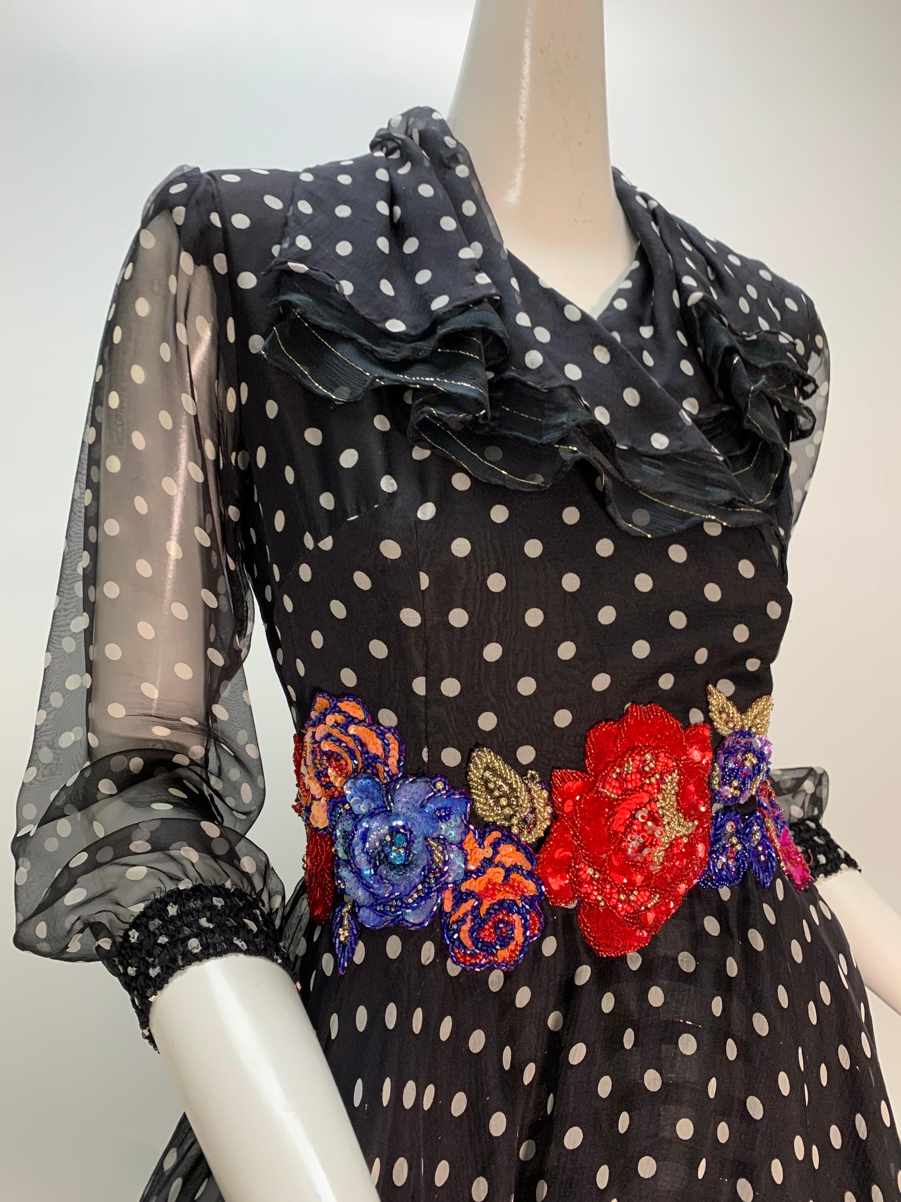 Black 1980 Whimsical Silk Chiffon Polka Dot Dress W/ Colorful Beaded & Sequin Florals 