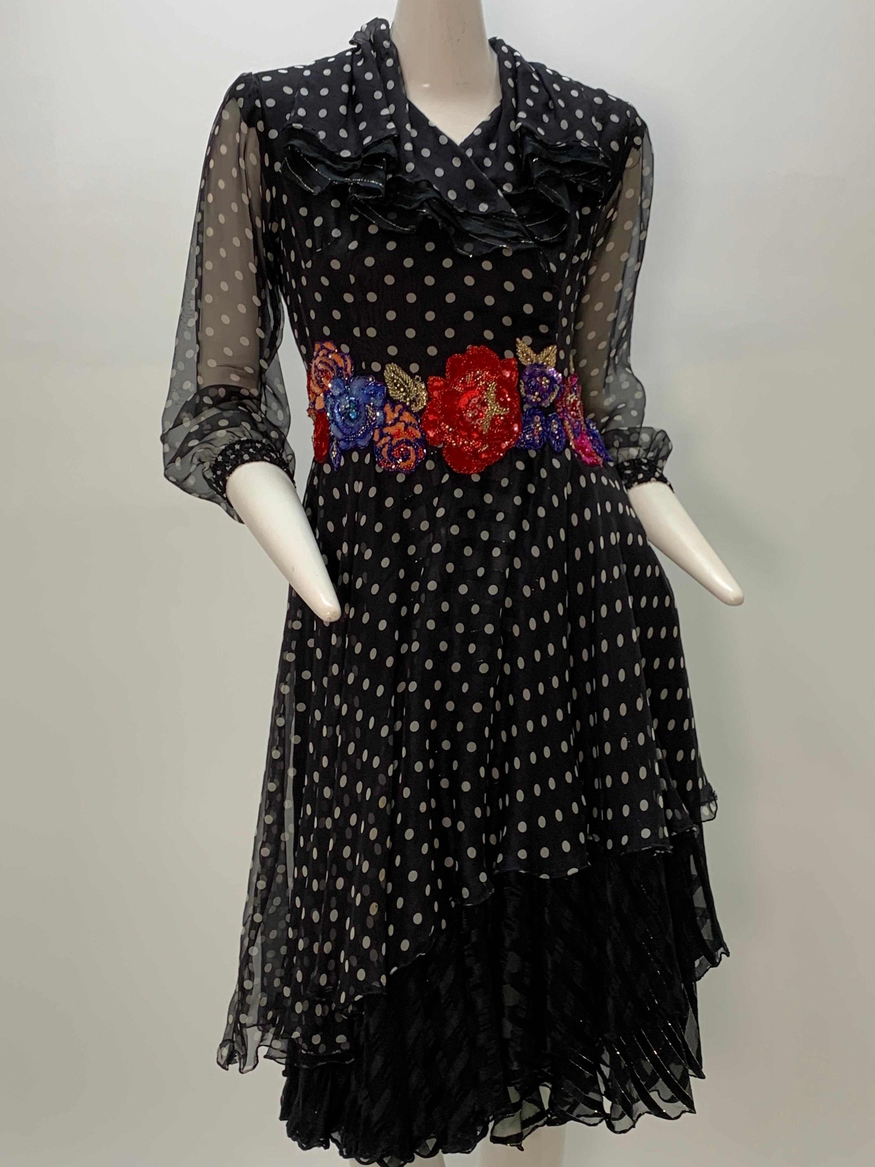 Women's 1980 Whimsical Silk Chiffon Polka Dot Dress W/ Colorful Beaded & Sequin Florals 