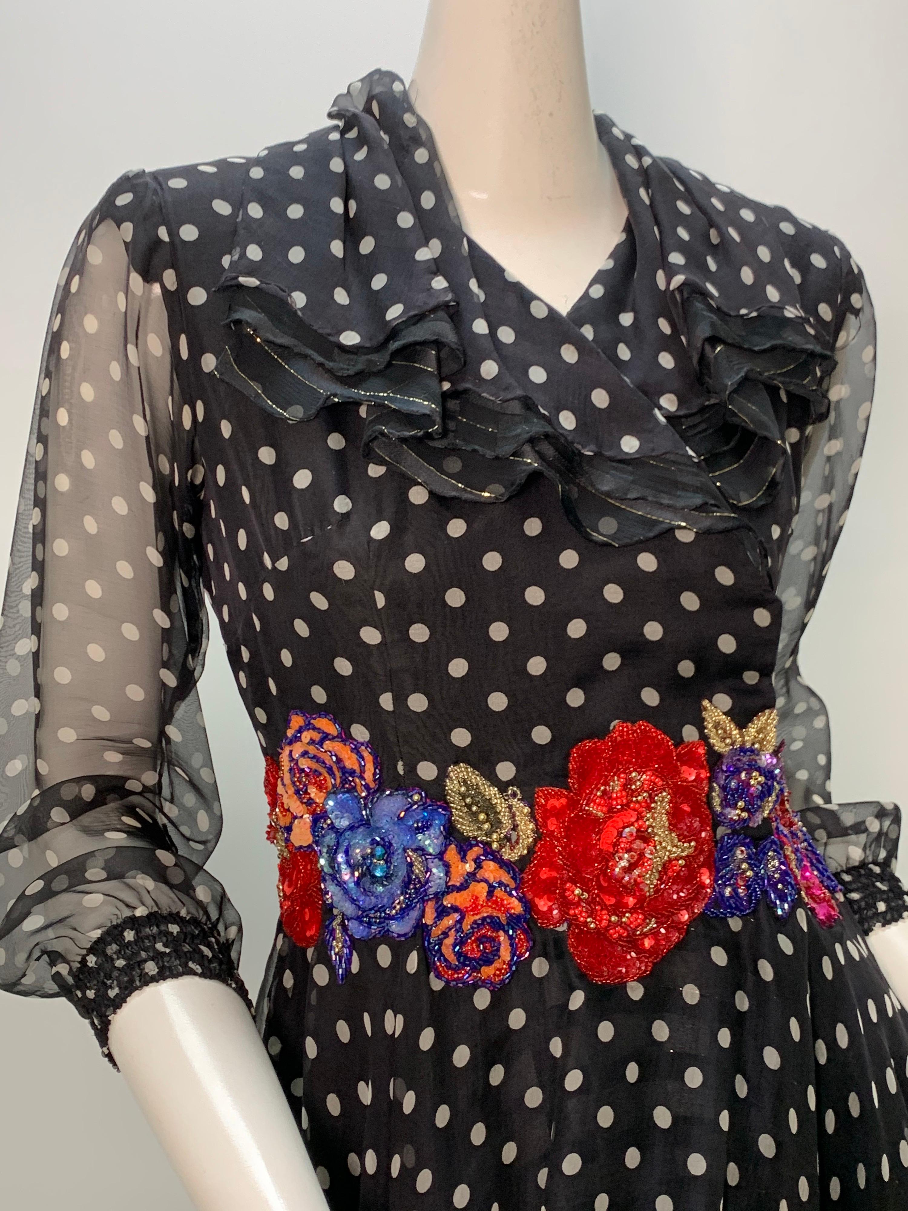 1980 Whimsical Silk Chiffon Polka Dot Dress W/ Colorful Beaded & Sequin Florals  1