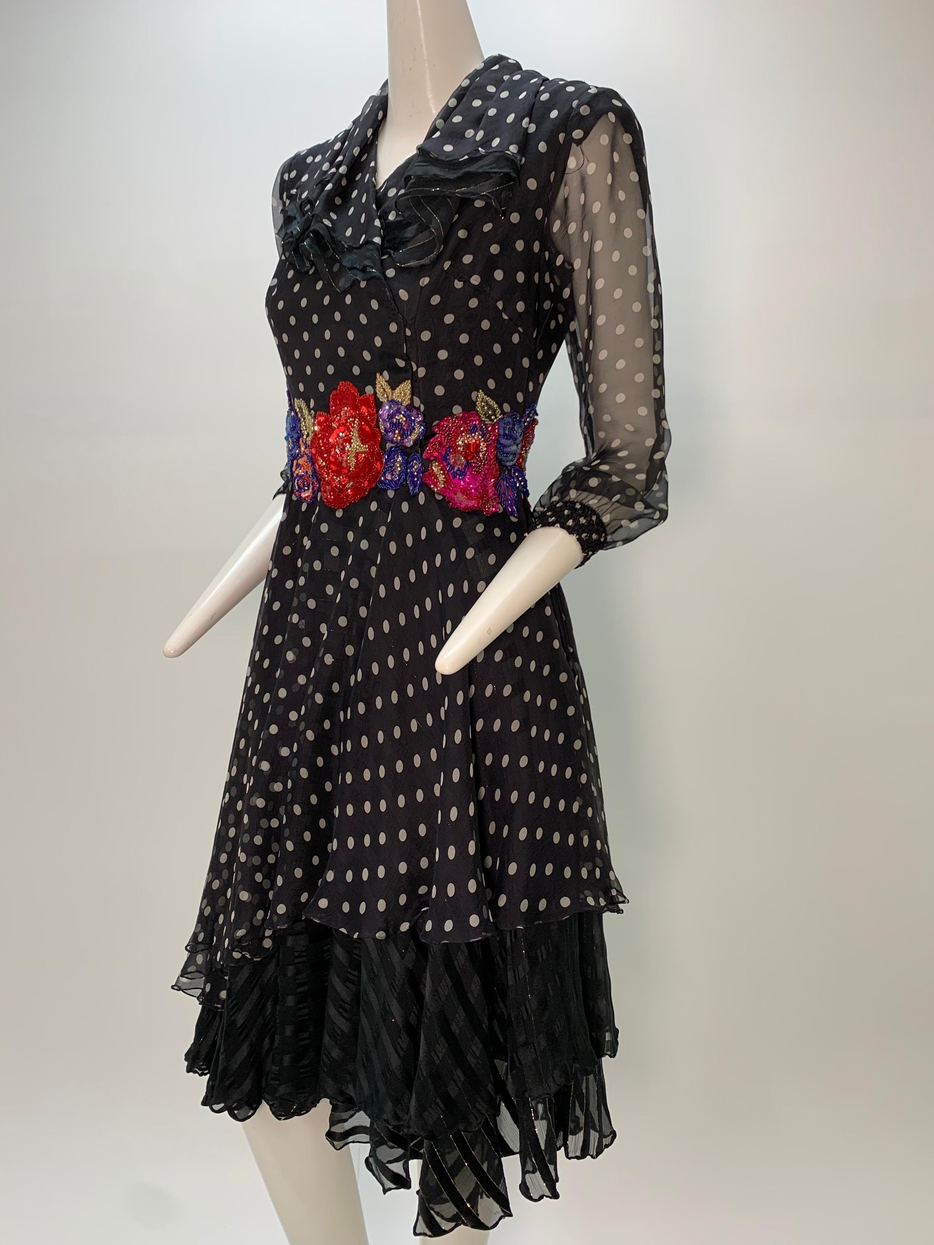 1980 Whimsical Silk Chiffon Polka Dot Dress W/ Colorful Beaded & Sequin Florals  3