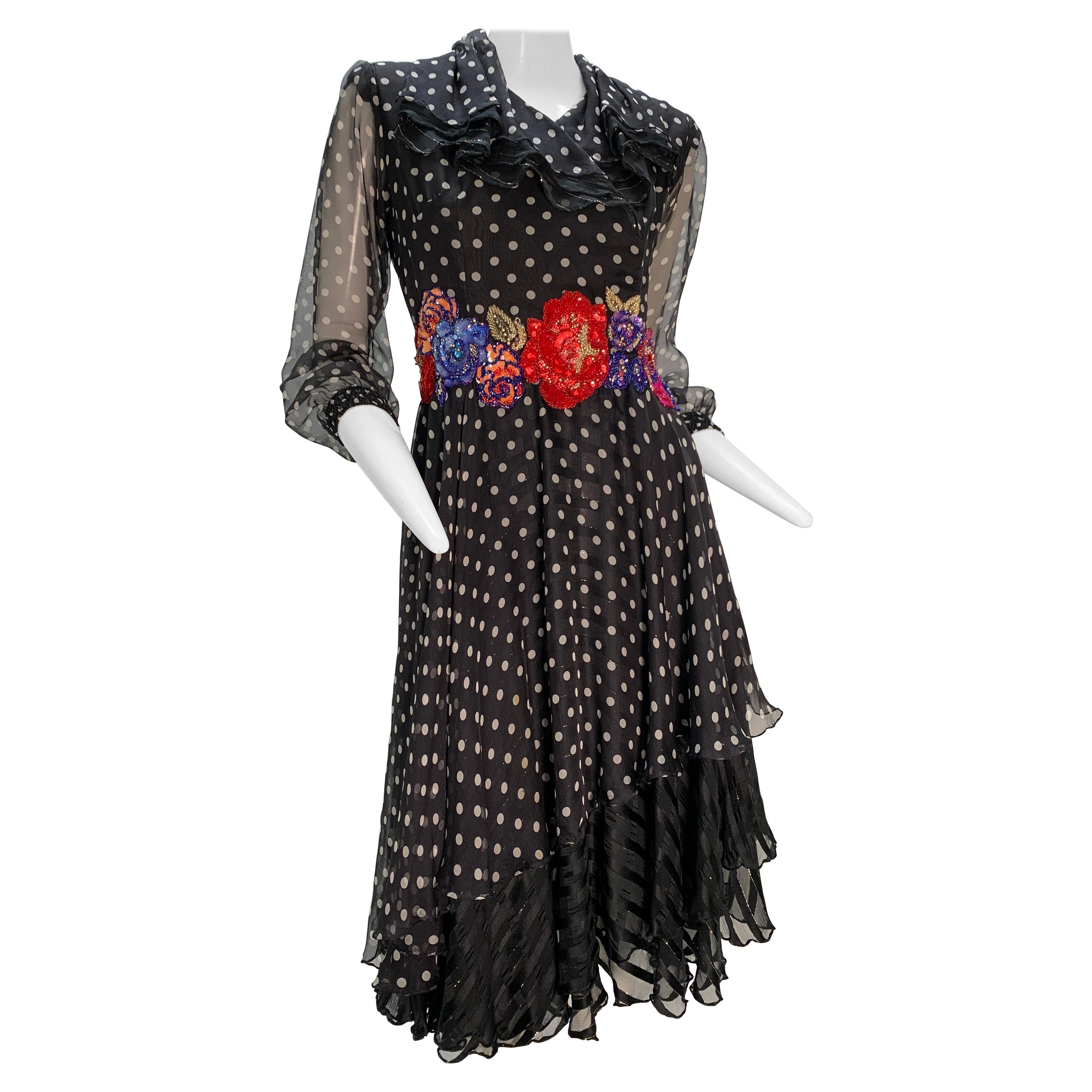 1980 Whimsical Silk Chiffon Polka Dot Dress W/ Colorful Beaded & Sequin Florals 