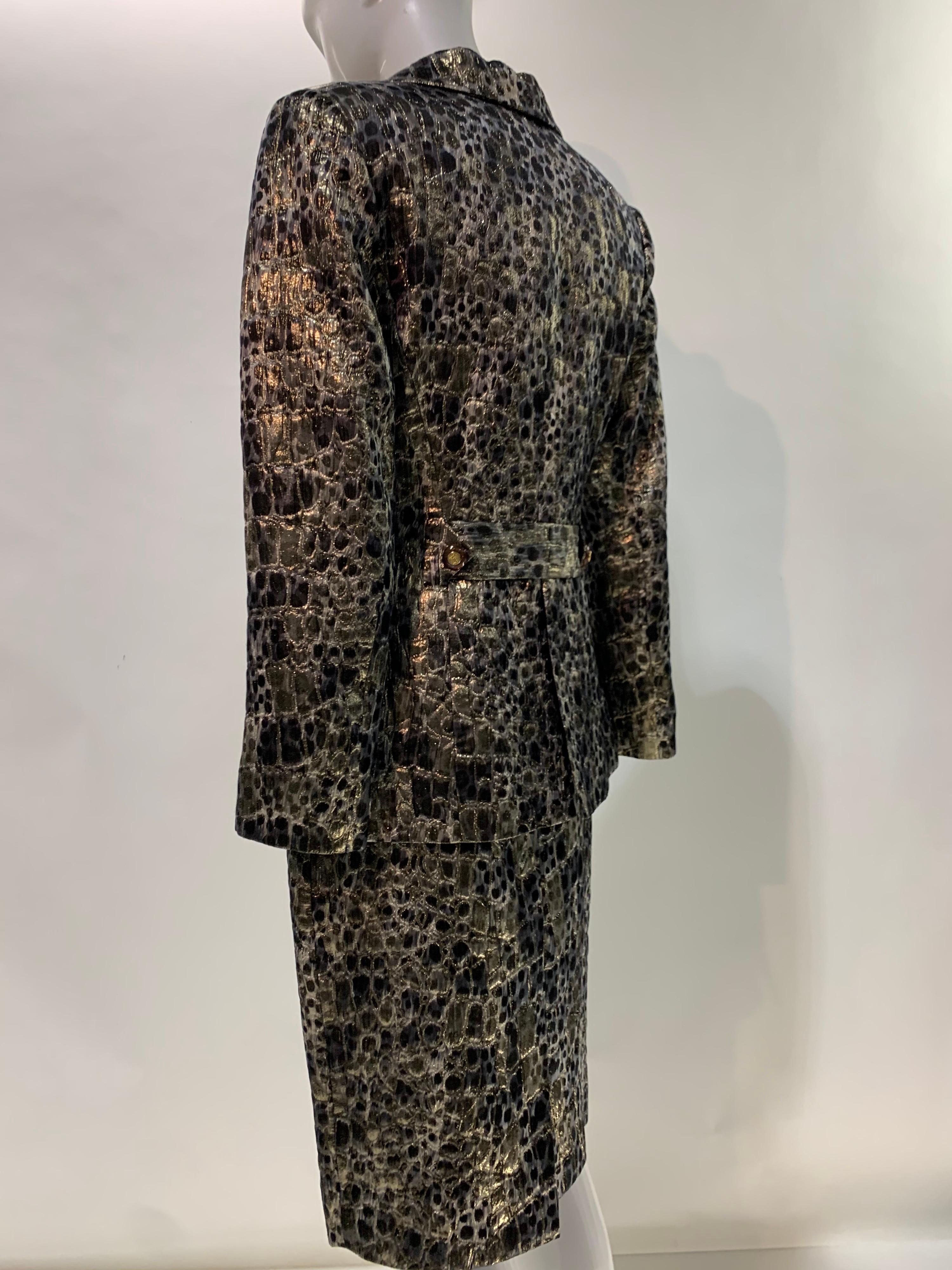 1980 Wild Theirry Mugler Metallic Silk Brocade Print Military Style Skirt Suit For Sale 3