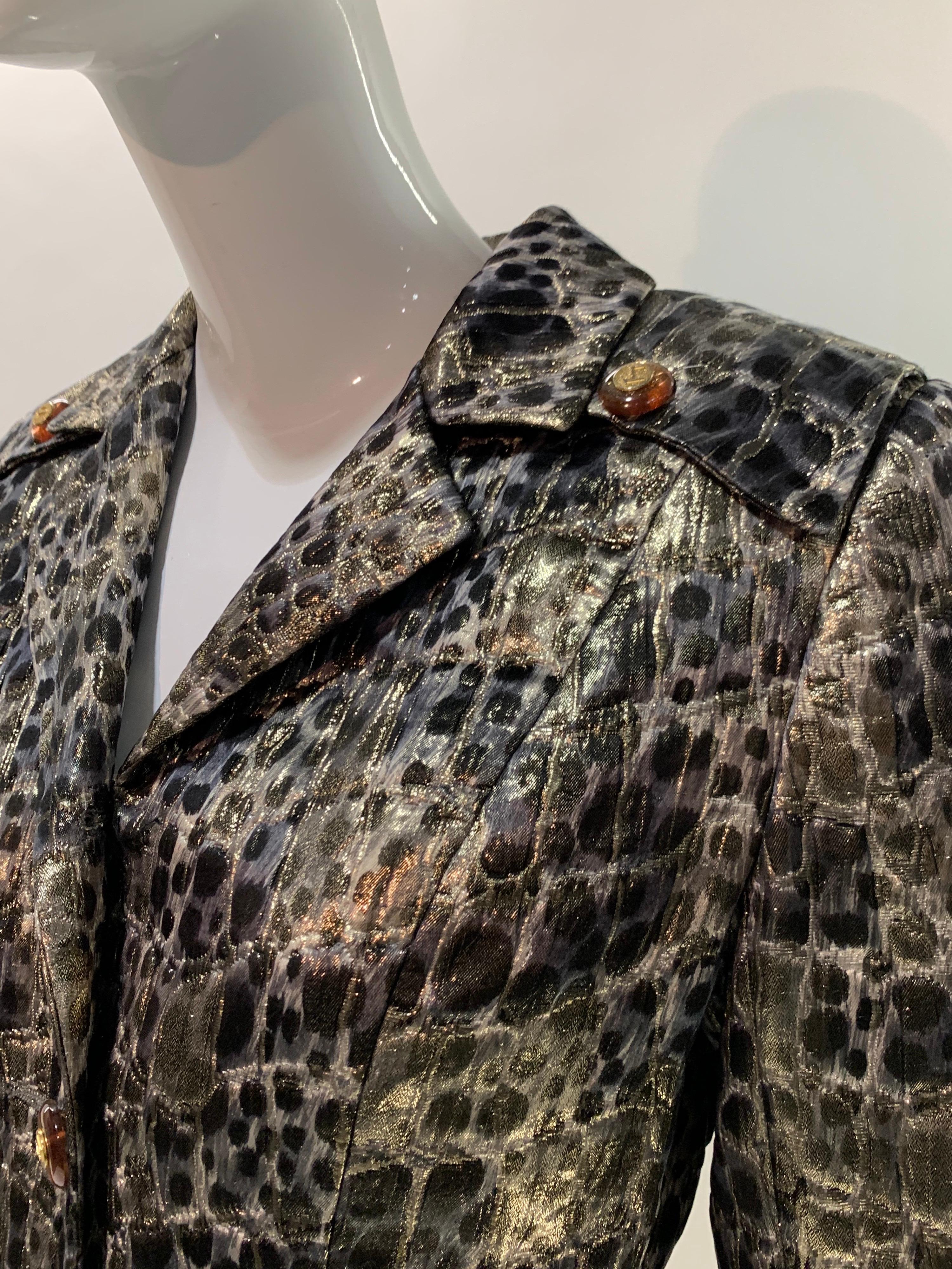 Wild Theirry Mugler tailleur jupe de style militaire imprimé brocart de soie métallique, 1980 en vente 6