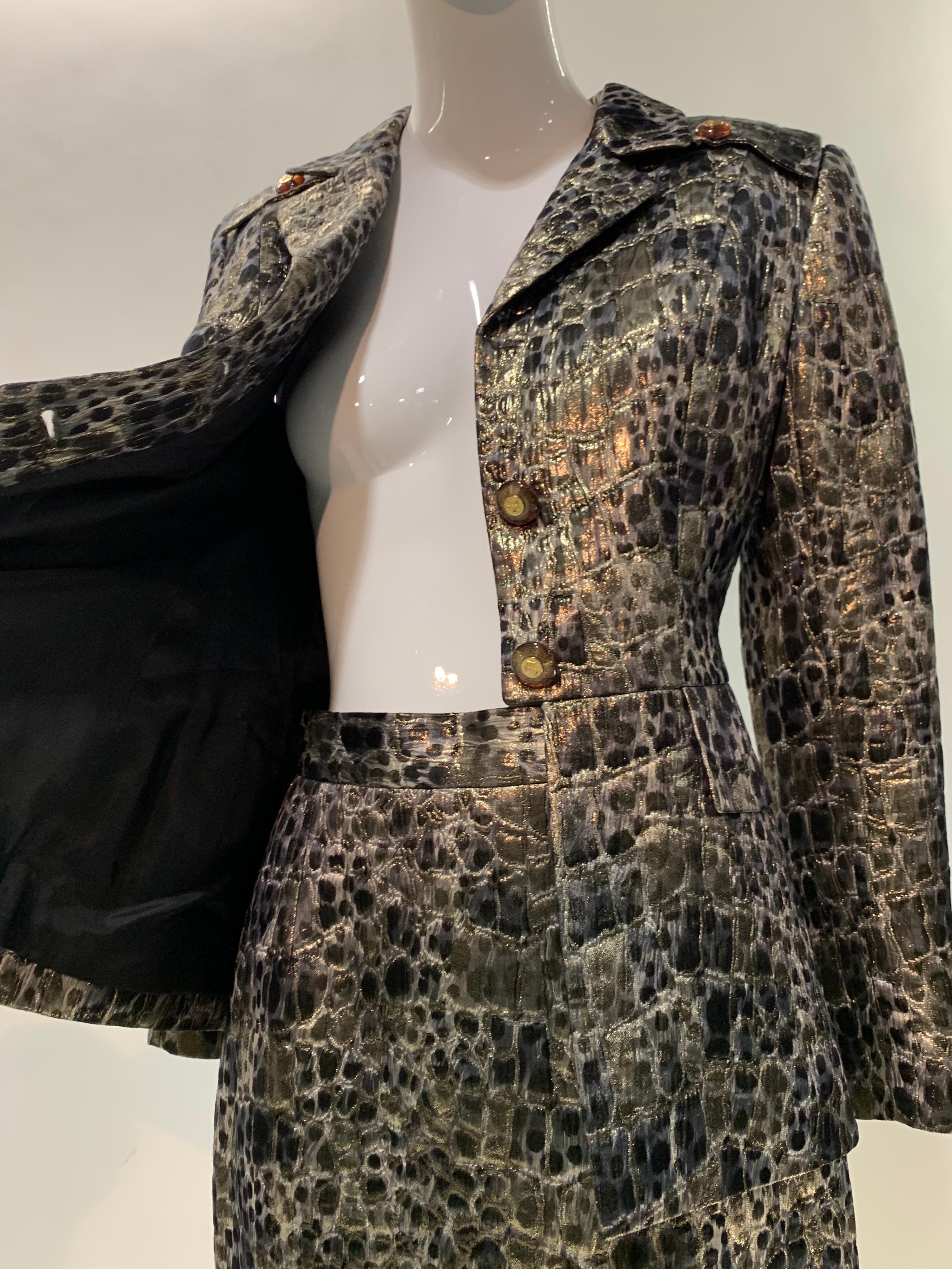 1980 Wild Theirry Mugler Metallic Silk Brocade Print Military Style Skirt Suit For Sale 6