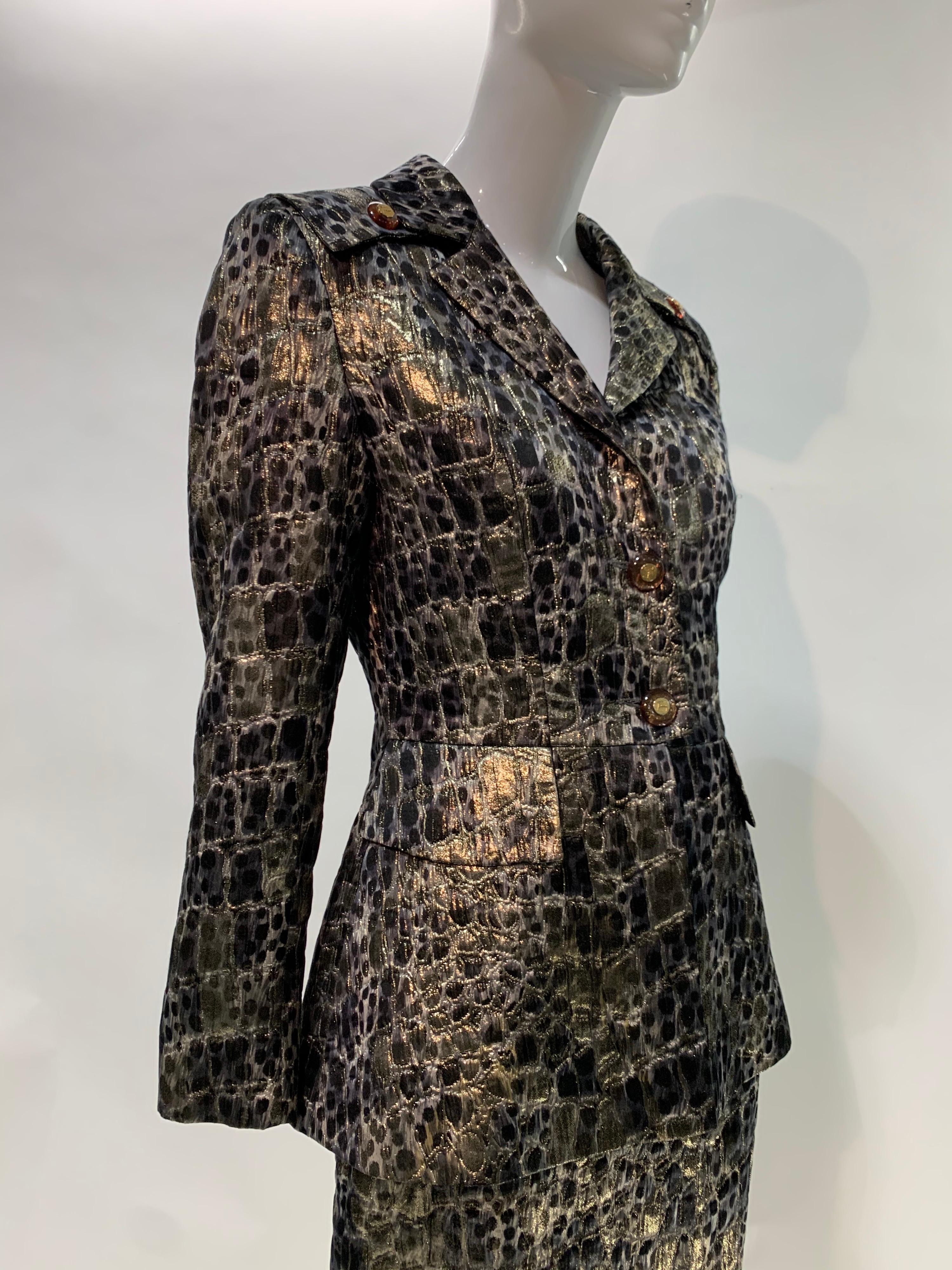 A fabulous 1980s signature Thierry Mugler for Terry metallic military pattern silk, wool and lurex brocade skirt suit. Classic military touches like epaulets, belted back and high pocket flaps. Stunning. Size 4-6. 
