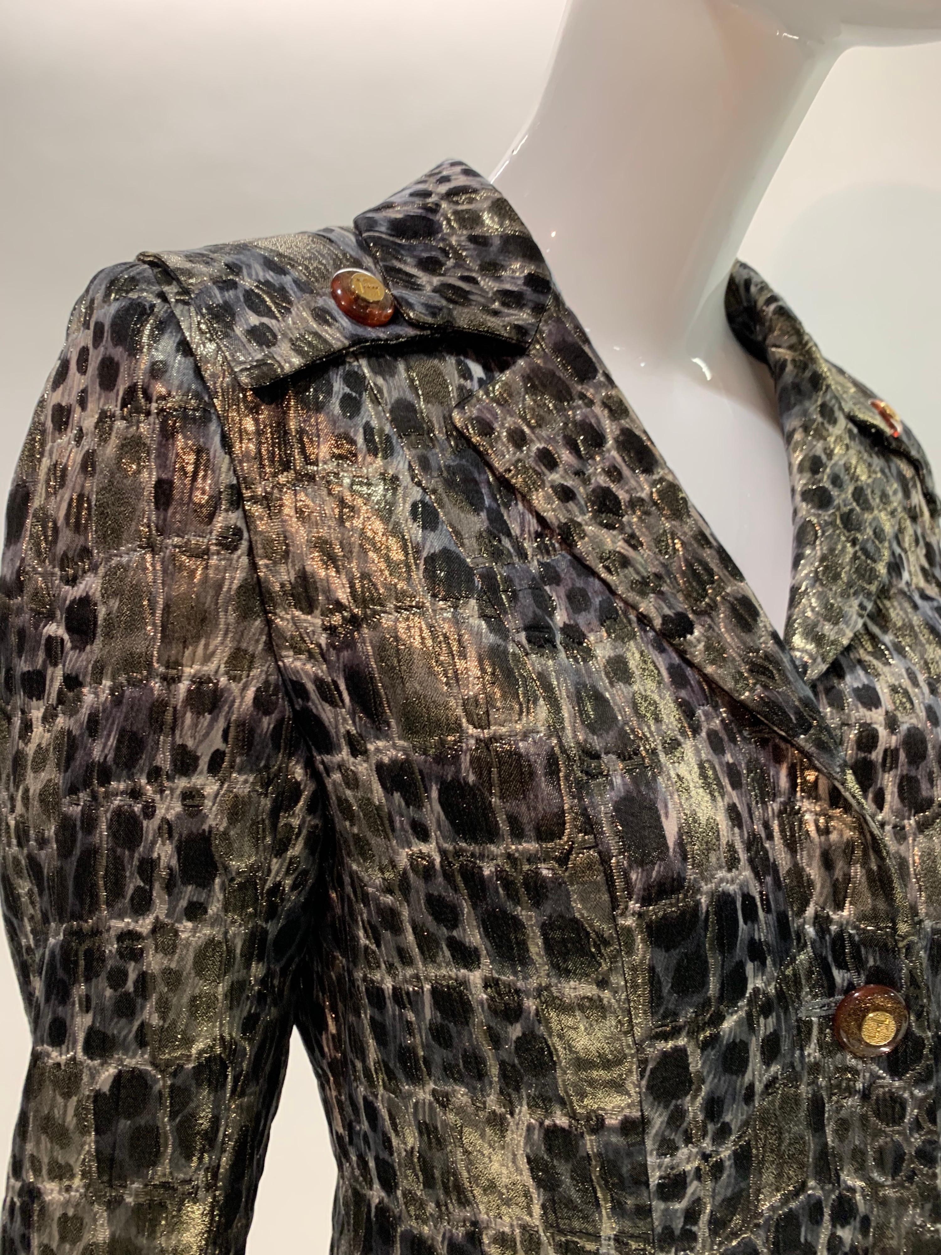 Noir Wild Theirry Mugler tailleur jupe de style militaire imprimé brocart de soie métallique, 1980 en vente