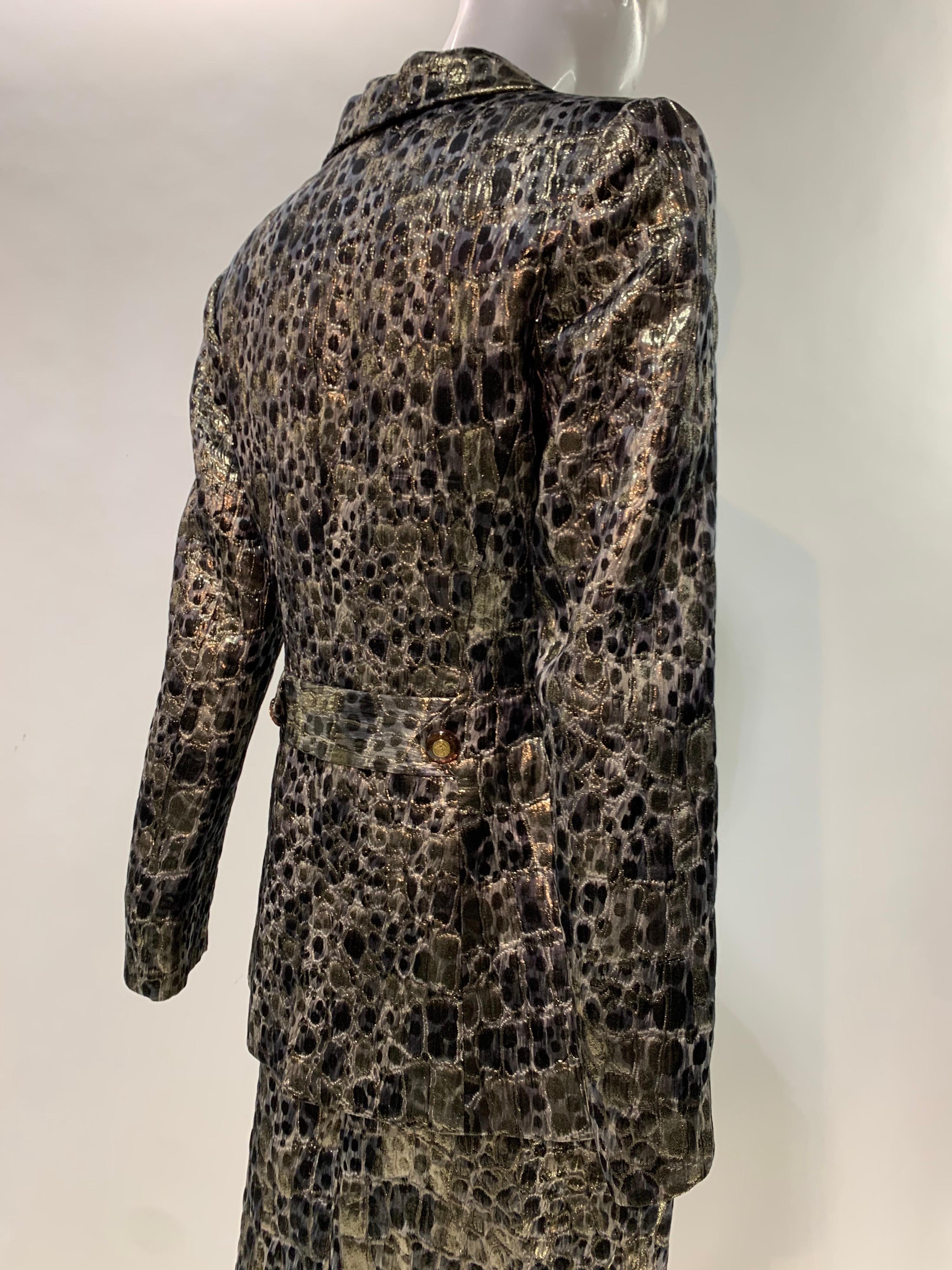 Women's 1980 Wild Theirry Mugler Metallic Silk Brocade Print Military Style Skirt Suit For Sale