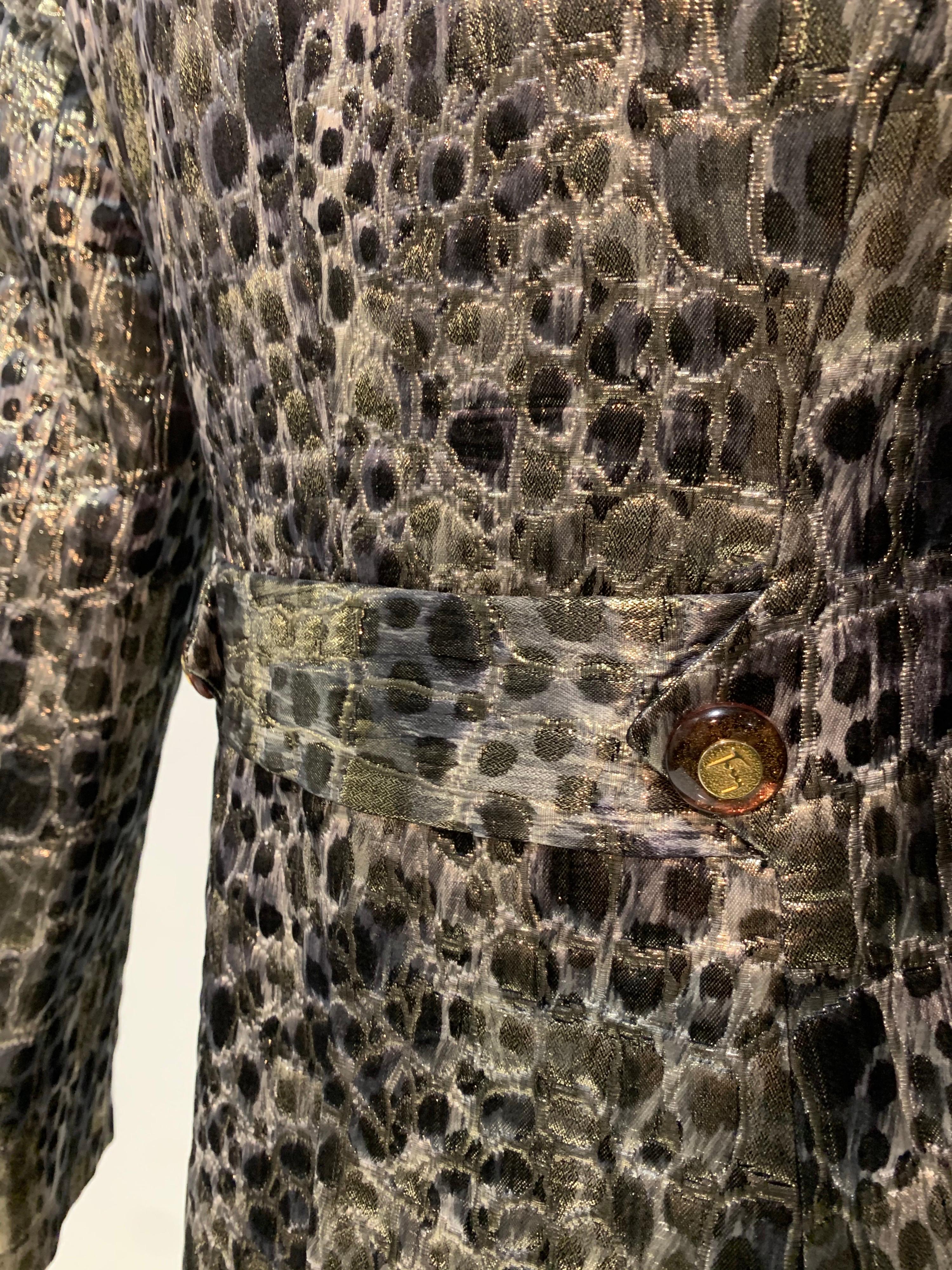 1980 Wild Theirry Mugler Metallic Silk Brocade Print Military Style Skirt Suit For Sale 1