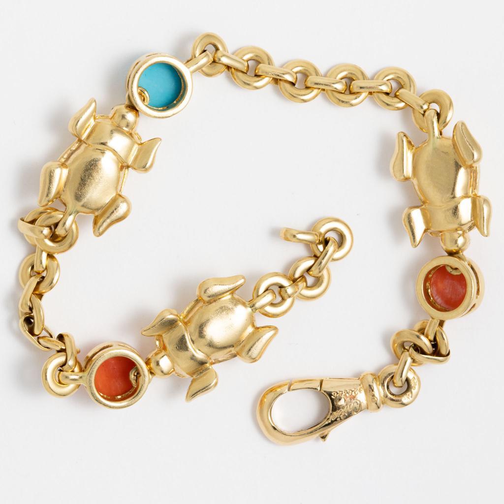 Cabochon 1980 Yellow Gold Turquoise Coral Cartier Bracelet