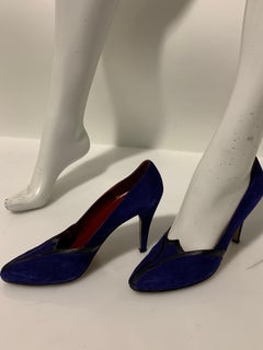 1980 Yves Saint Laurent Electric Purple Suede Pumps W/Black Piping Size 10M