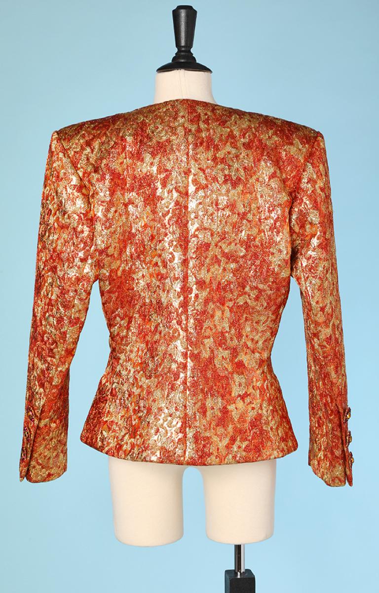 1980 Yves Saint Laurent gold lamé and orange silk jacket with jewelled buttons In Good Condition For Sale In Saint-Ouen-Sur-Seine, FR