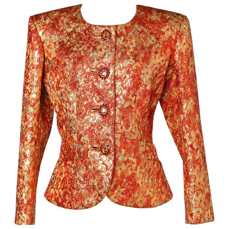 1980 Yves Saint Laurent gold lamé and orange silk jacket with jewelled buttons For Sale