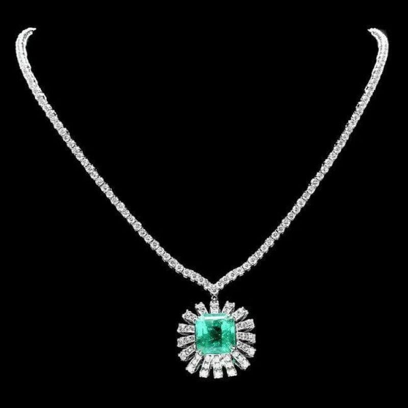 Mixed Cut 19.80Ct Natural Emerald and Diamond 18K Solid White Gold Necklace For Sale
