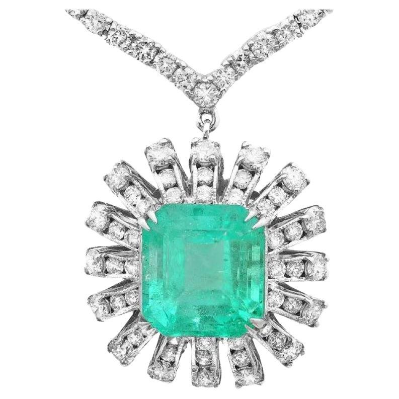 19.80Ct Natural Emerald and Diamond 18K Solid White Gold Necklace For Sale
