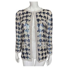 Chaqueta de lentejuelas blanca y azul con estampado de pata de gallo de Magnin, de 1980, talla L