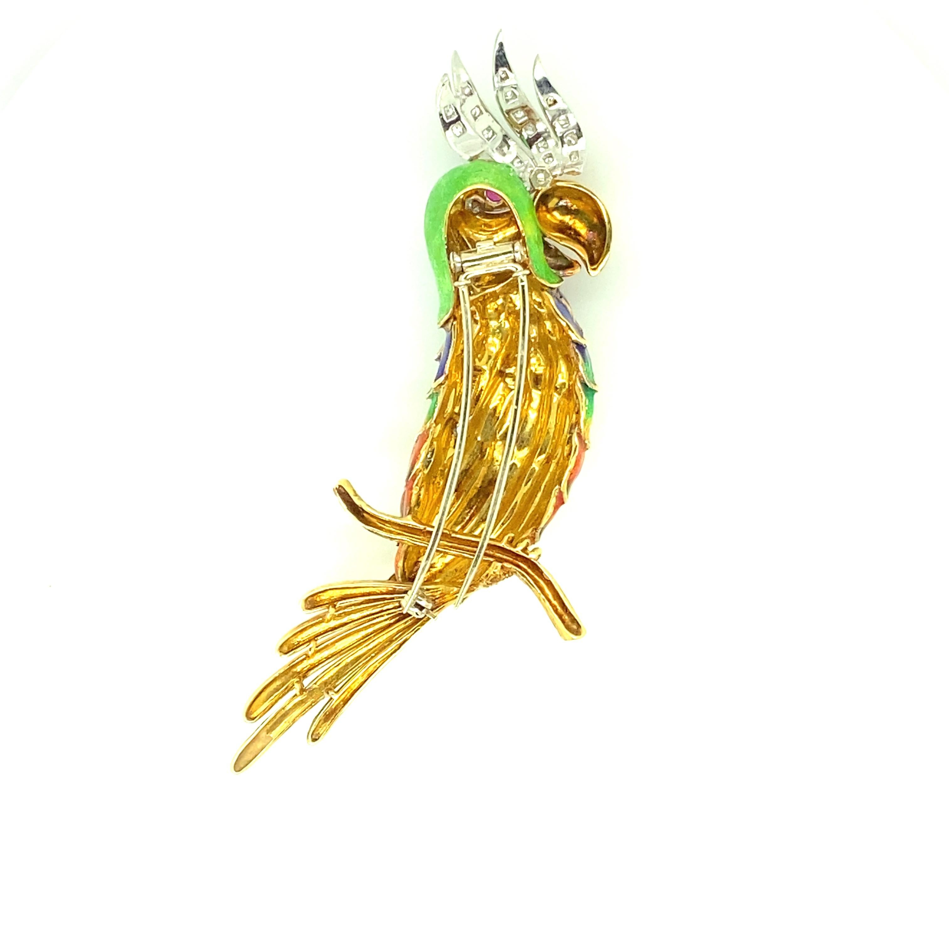 Item Details:
Metal: 18 Karat Yellow Gold
Weight: 37.4 grams
Measurements: 4 inches height x 1 inch width
Hallmark: 18K Italy

Diamond Details:
Carat: 0.20 Carats total weight
Cut: Rounds
Color: G
Clarity: VS

Item Features:
This 1980s Brooch