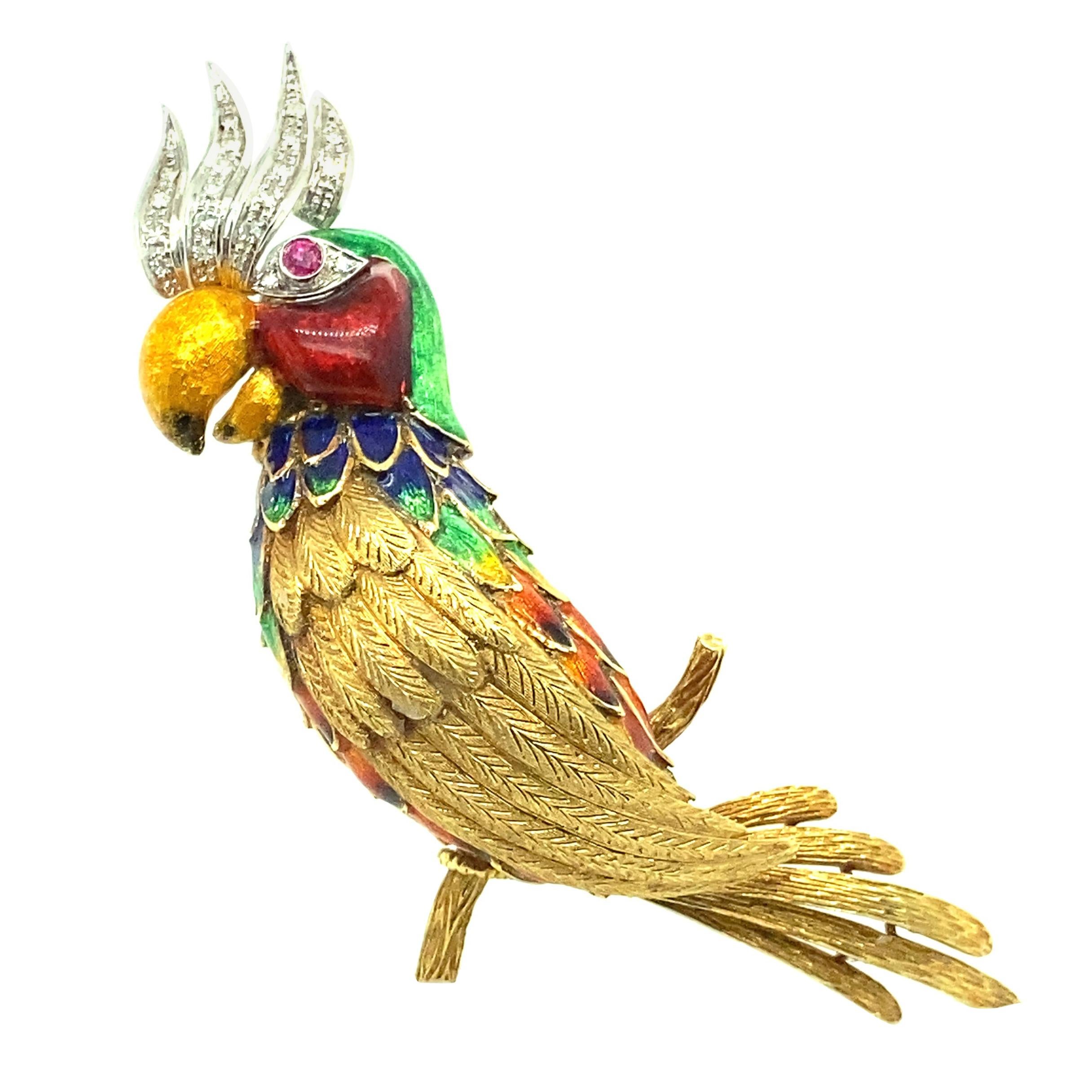 1980s 0.20 Carat Diamond and Enamel Parakeet Brooch, 18 Karat Yellow Gold