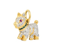 Vintage 0.55 Carat Diamond Emerald 18 Karat Two-Tone Gold Scottie Terrier Charm