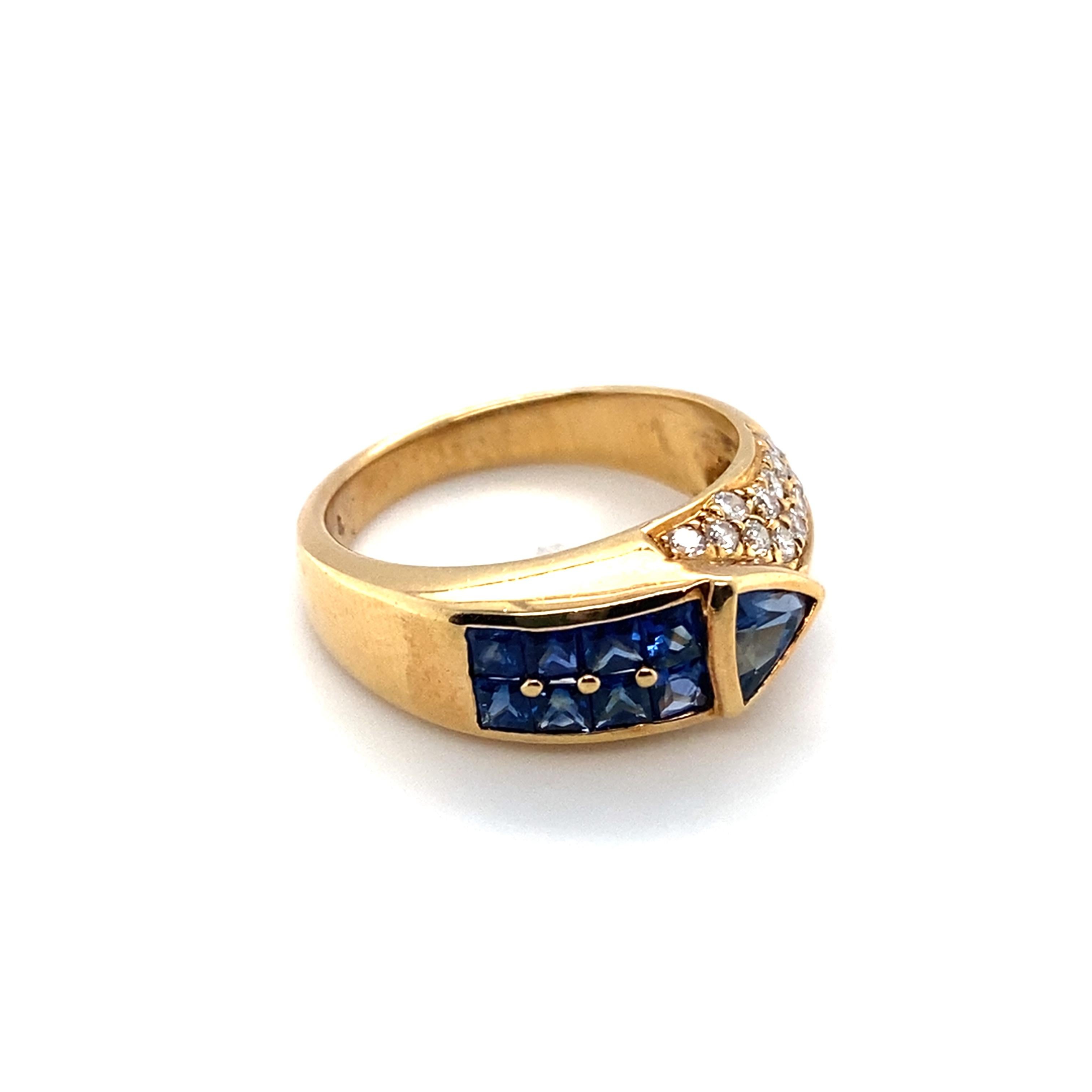 Item Details: 
Gemstone: Sapphire & Diamond
Metal: 18 Karat Yellow Gold
Weight: 6.4 grams
Size: 6, can be resized 

Sapphire Details:
Carat: .75 carats 
Color: Royal Blue 

Diamond Details: 
Carat: .50 carats
Cut: Round Brilliance 
Color: G