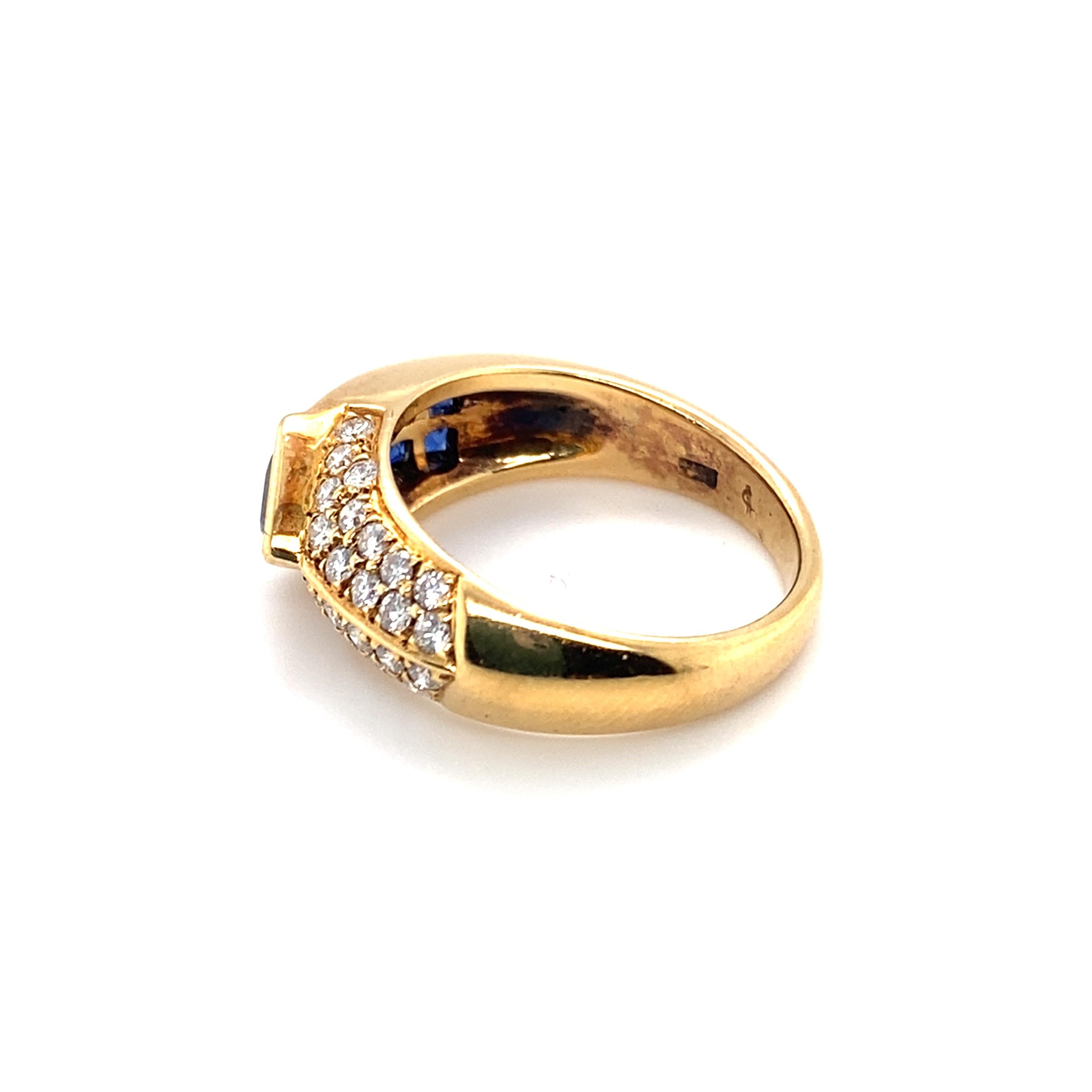 Square Cut 1980s 0.75 Carat Sapphire and 0.50 Carat Diamond Ring in 18 Karat Yellow Gold  For Sale