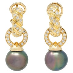 1980s 0.76 CTW Diamond Tahitian Pearl 18 Karat Yellow Gold Vintage Drop Earrings