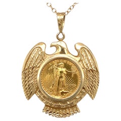 1980s 1/10 Eagle Coin Pendant in 14 Karat Gold Frame