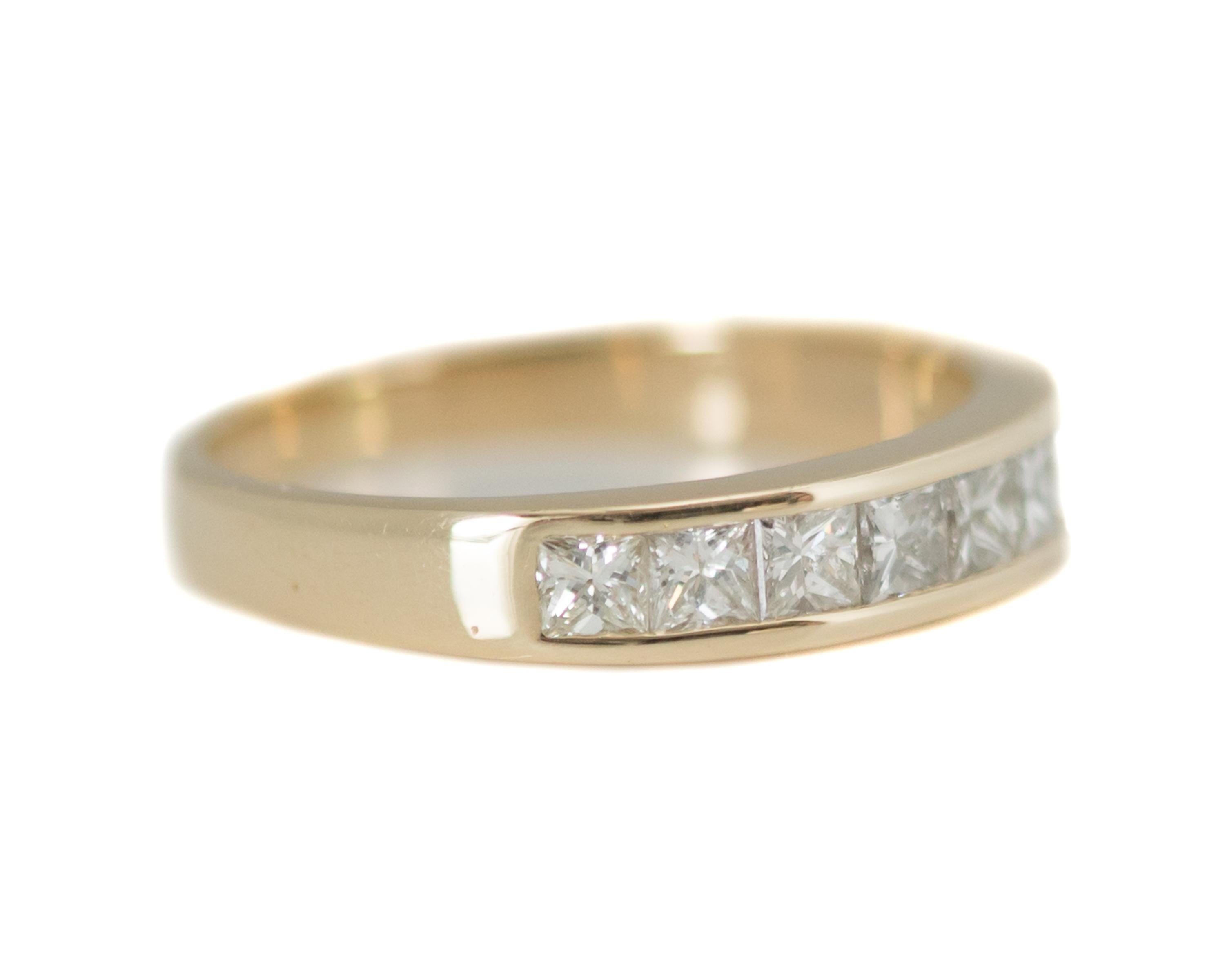 1980s Eternity Band - 14 Karat Yellow Gold, Diamonds

Features:
Half-way around Channel set Diamonds
1.0 carat total weight Princess cut Diamonds
14 Karat Yellow Gold setting
Band width tapers from approximately 4 - 2 millimeters
Ring fits size