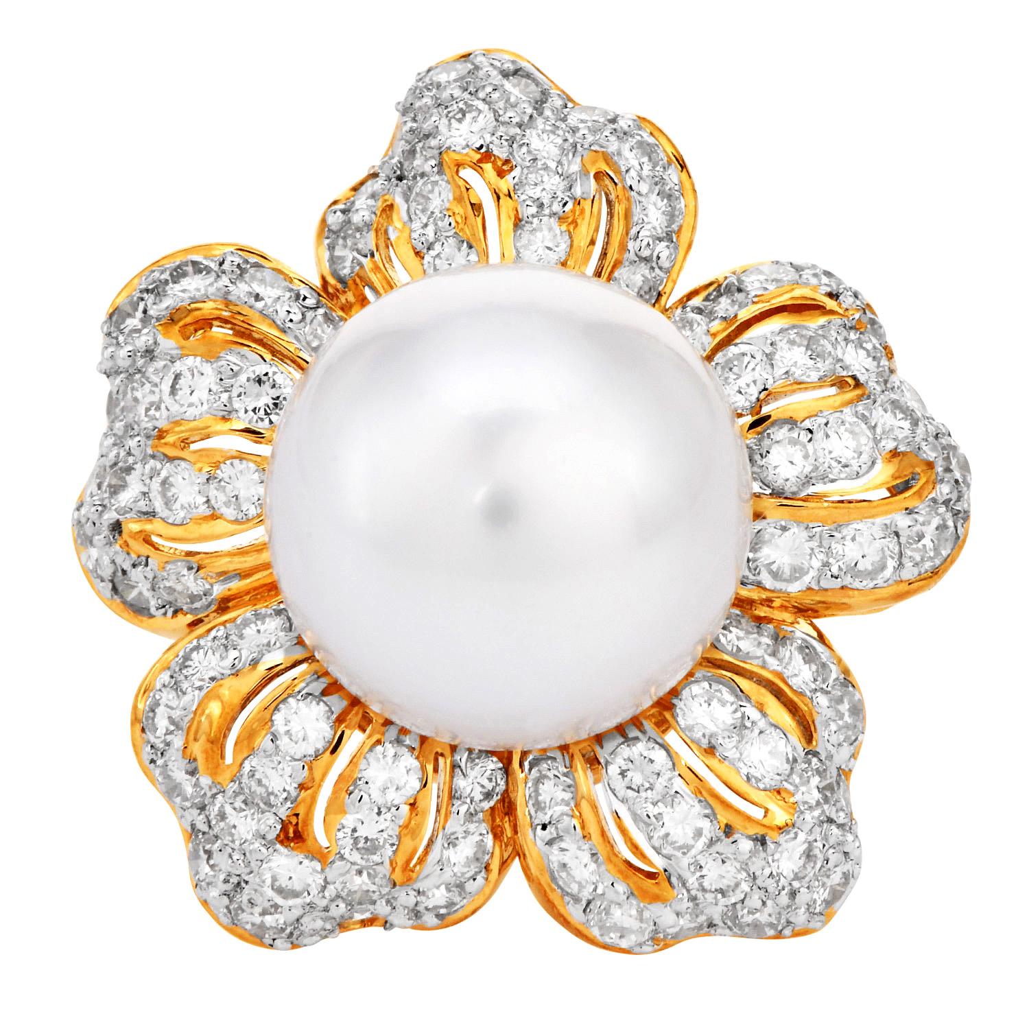 Elegant and timeless, these vintage 1980s earrings showcase a beautifully stylized floral design, masterfully crafted in solid 18k yellow gold. Each earring centers a luminous 10mm cultured pearls, prized for its enchanting white hue and radiant