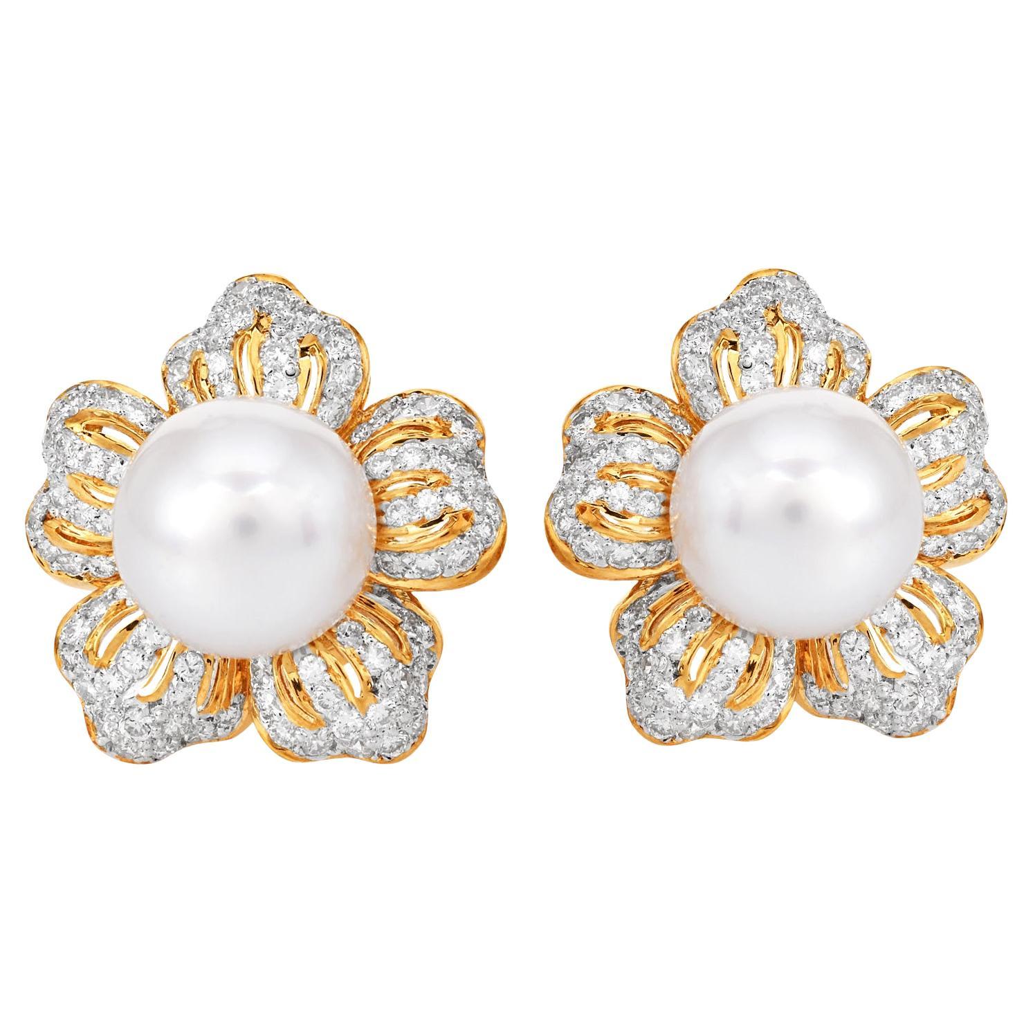 1980s  10mm Pearl & Pave Diamond Platinum Clip-Back Earrings For Sale
