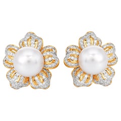 1980s  10mm Pearl & Pave Diamond Platinum Clip-Back Earrings